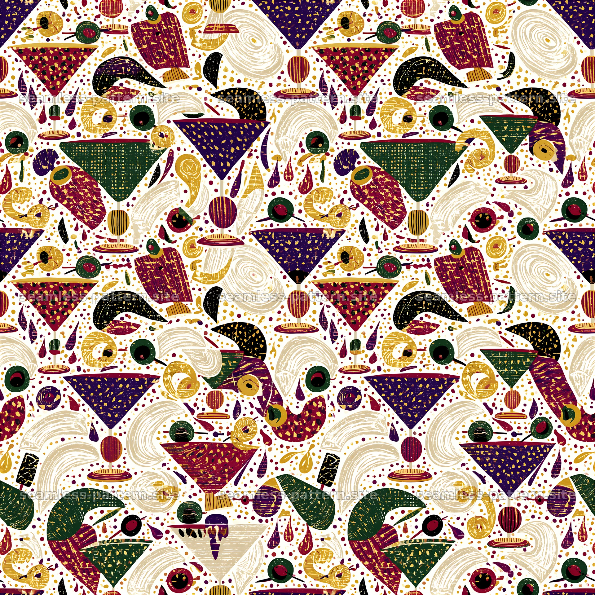 Funky cocktail seamless pattern with playful motifs — seamless tileable pattern at 8192x8192