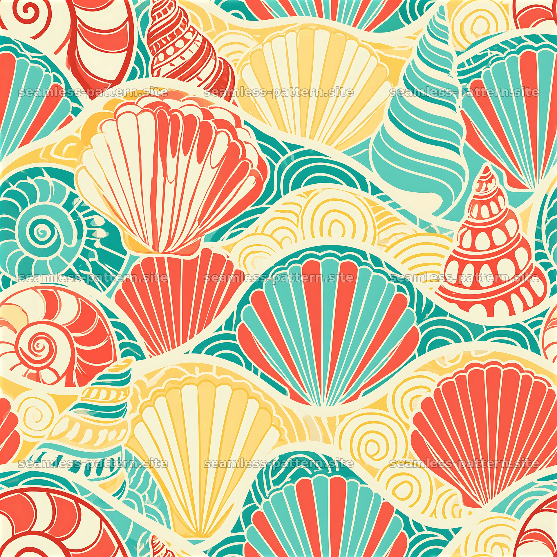 Colorful seamless pattern of ocean shells in various shapes — seamless tileable pattern at 8192x8192