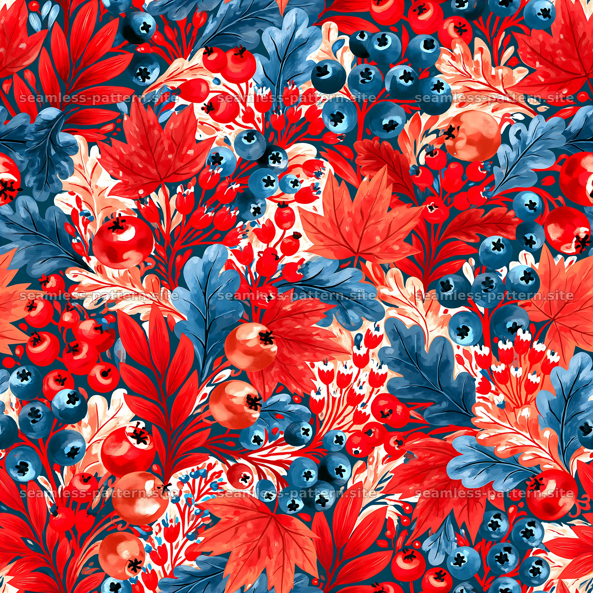 Colorful Botanical Berry and Maple Leaf Pattern — seamless tileable pattern at 8192x8192