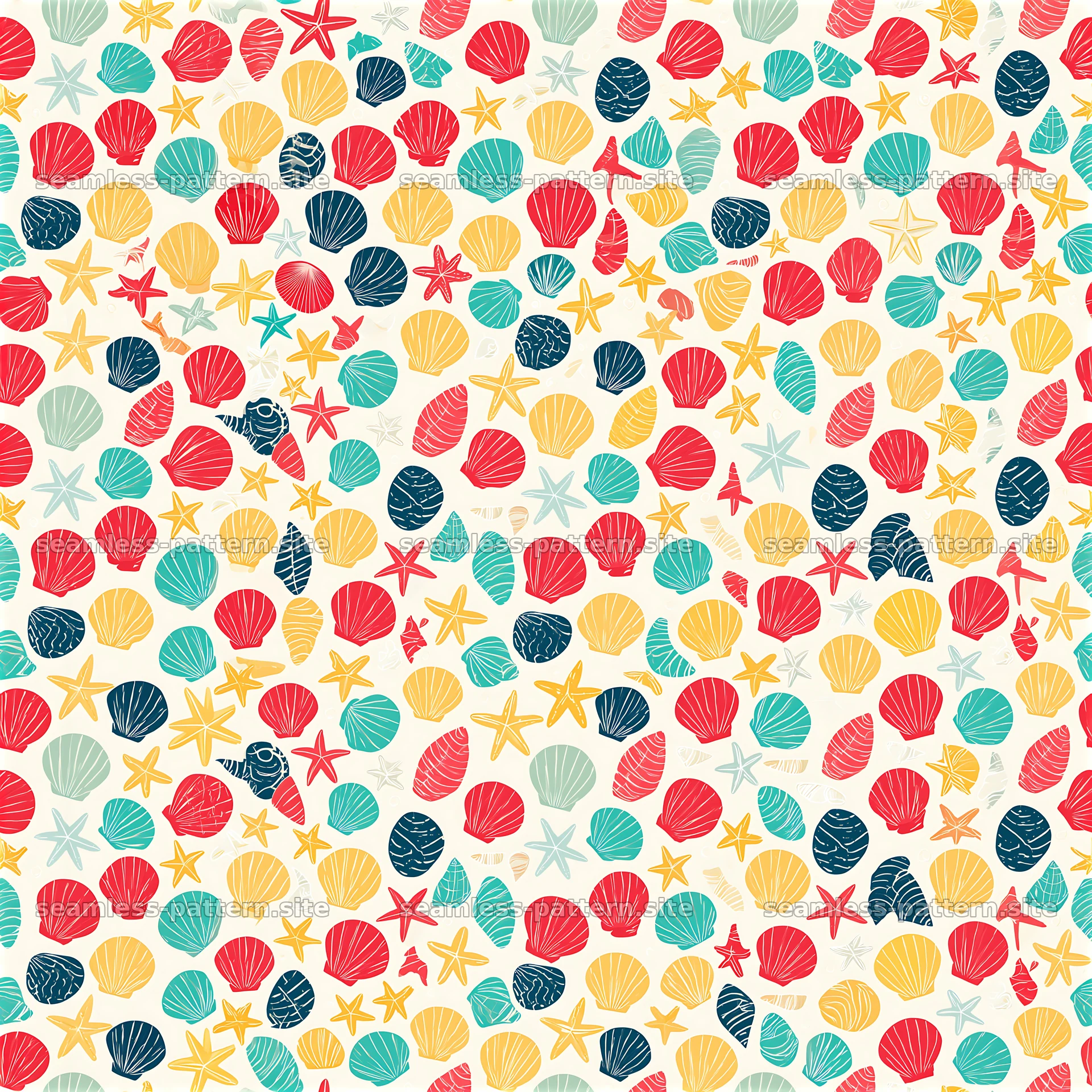 Colorful seashells and starfish seamless pattern — seamless tileable pattern at 8192x8192