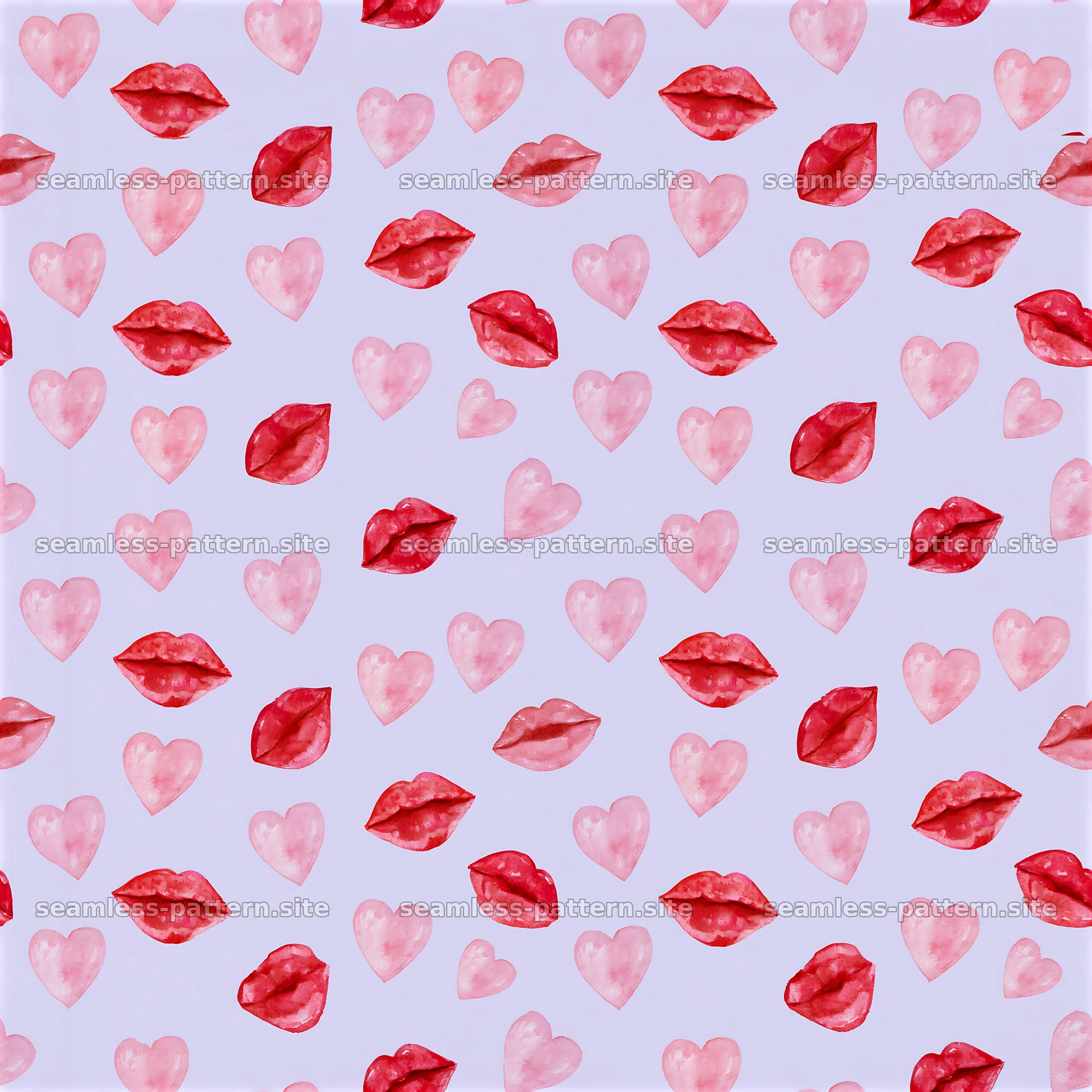 Repeating pattern with assorted lip shapes and hearts in bright colors — seamless tileable pattern at 8192x8192