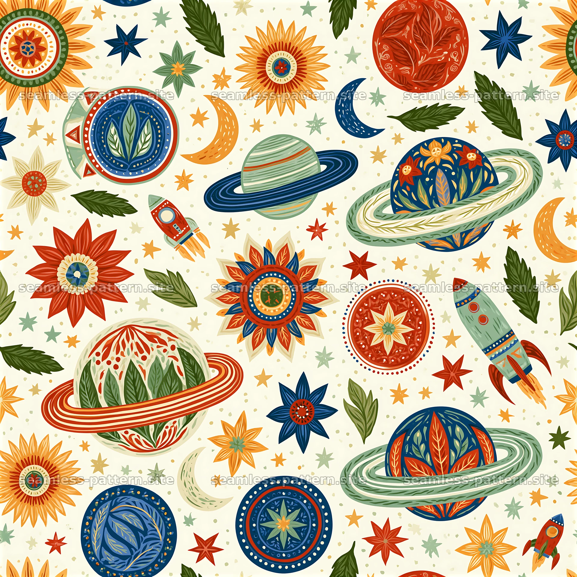 Colorful space seamless pattern with planets, rockets, and stars — seamless tileable pattern at 8192x8192