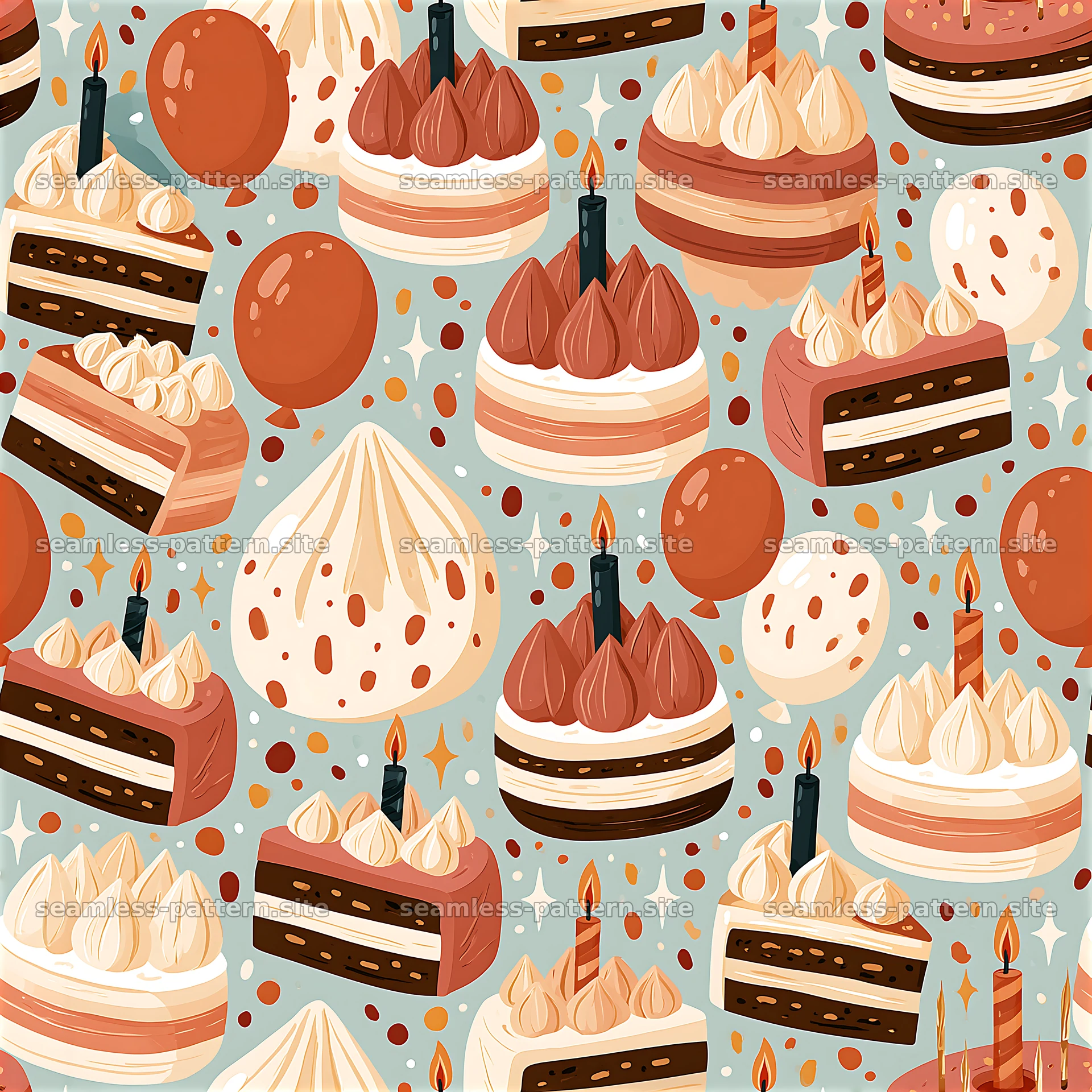 Birthday Dessert Seamless Pattern with Cakes and Candles — seamless tileable pattern at 8192x8192