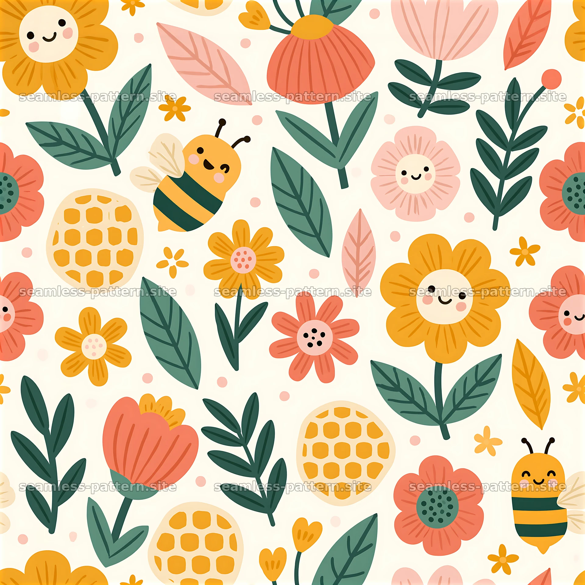 Cute Floral Bee Nursery Seamless Pattern — seamless tileable pattern at 8192x8192