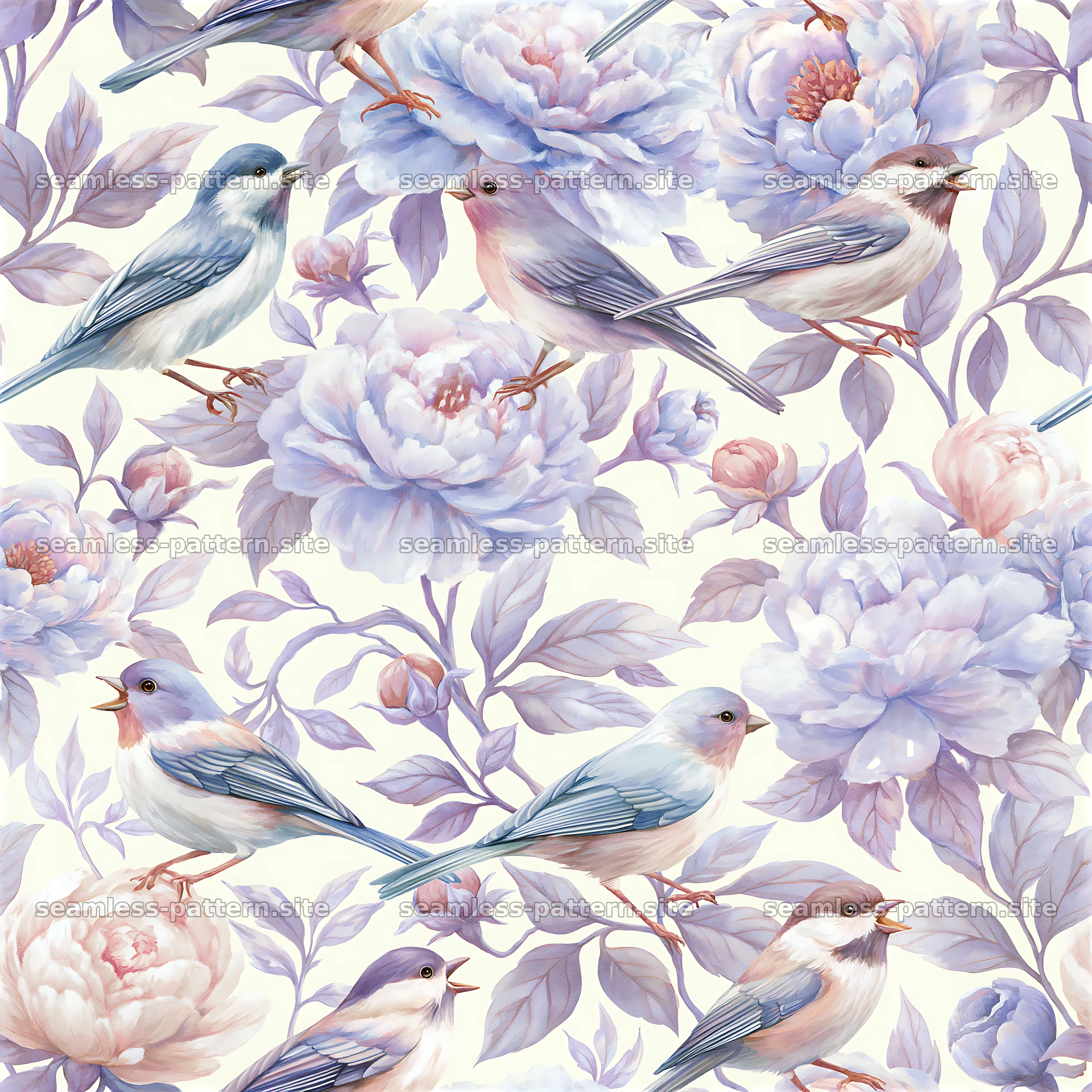 Romantic birds repeat pattern with flowers in pastel colors — seamless tileable pattern at 8192x8192