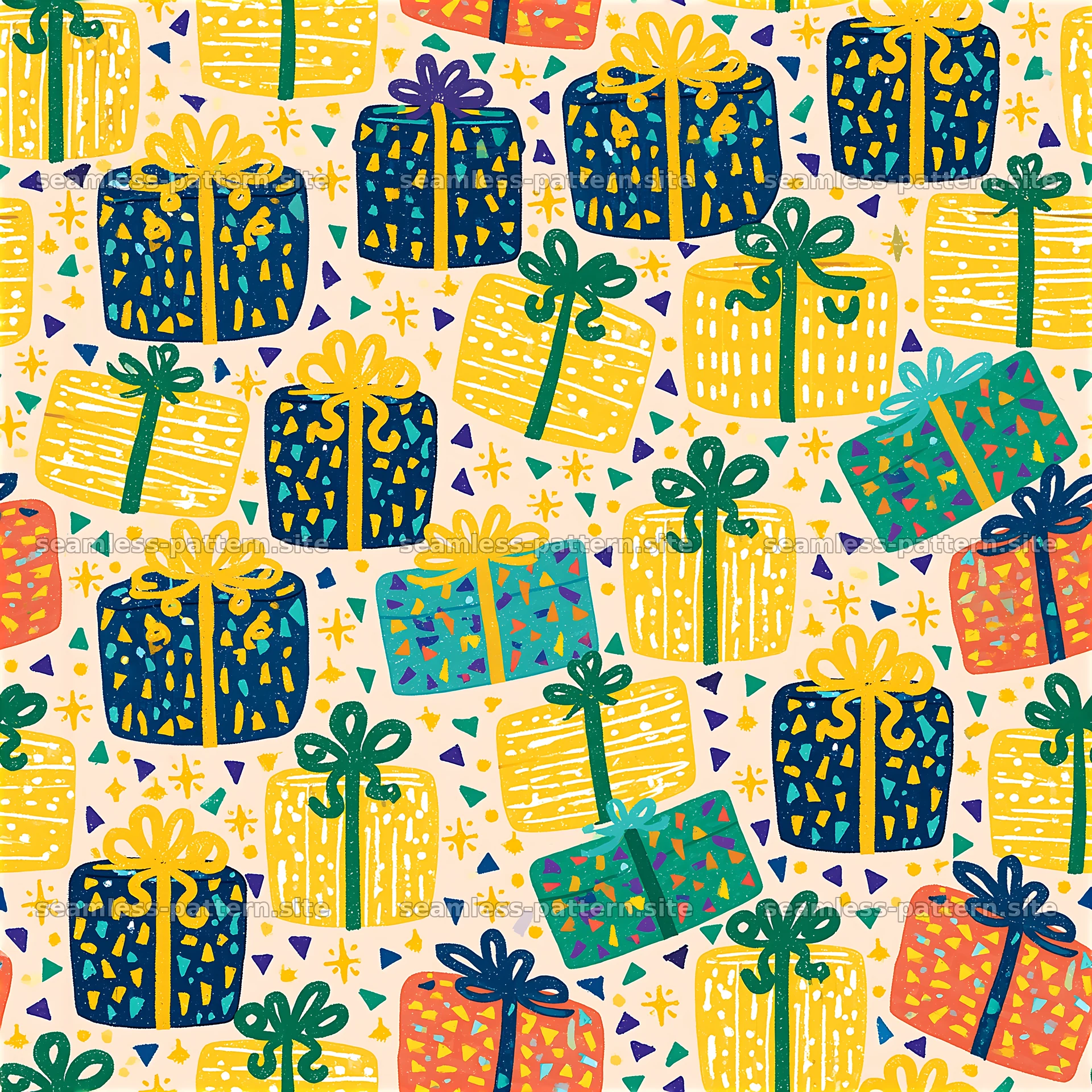 Colorful gift boxes in a playful layout for festive occasions — seamless tileable pattern at 8192x8192