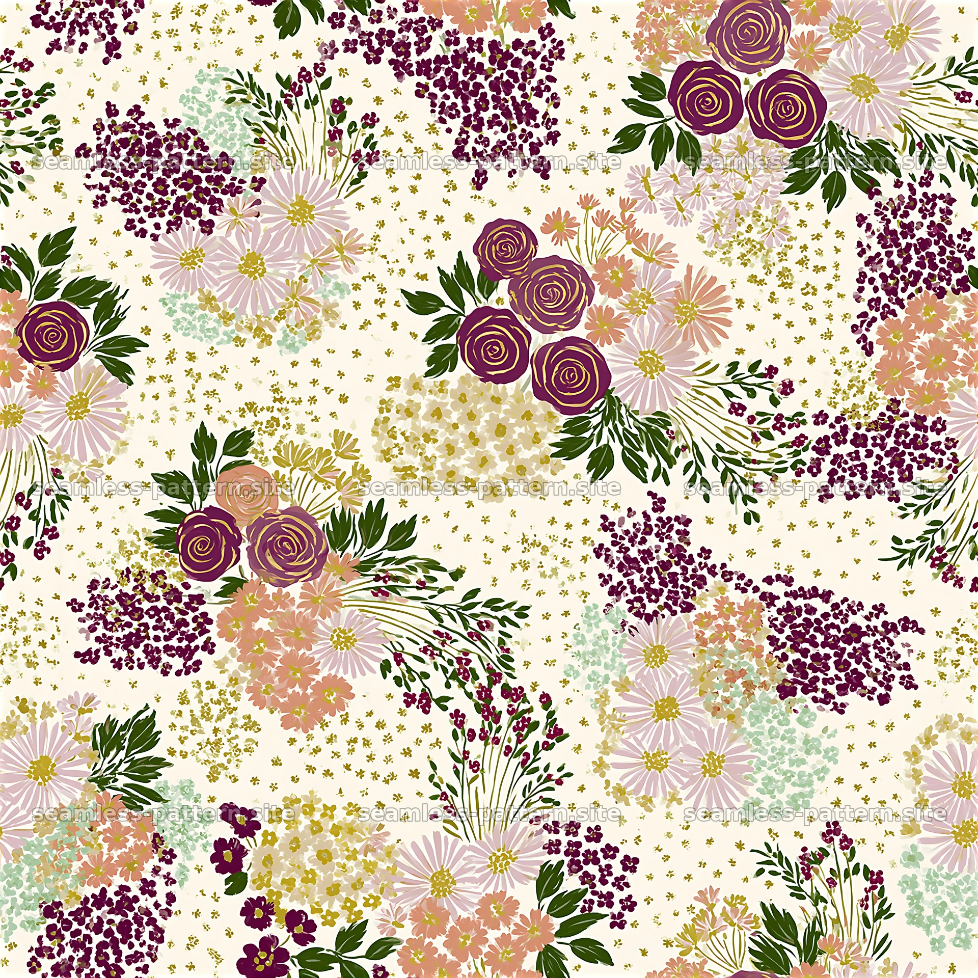 Floral design with various flowers in soft colors and green leaves — seamless tileable pattern at 8192x8192