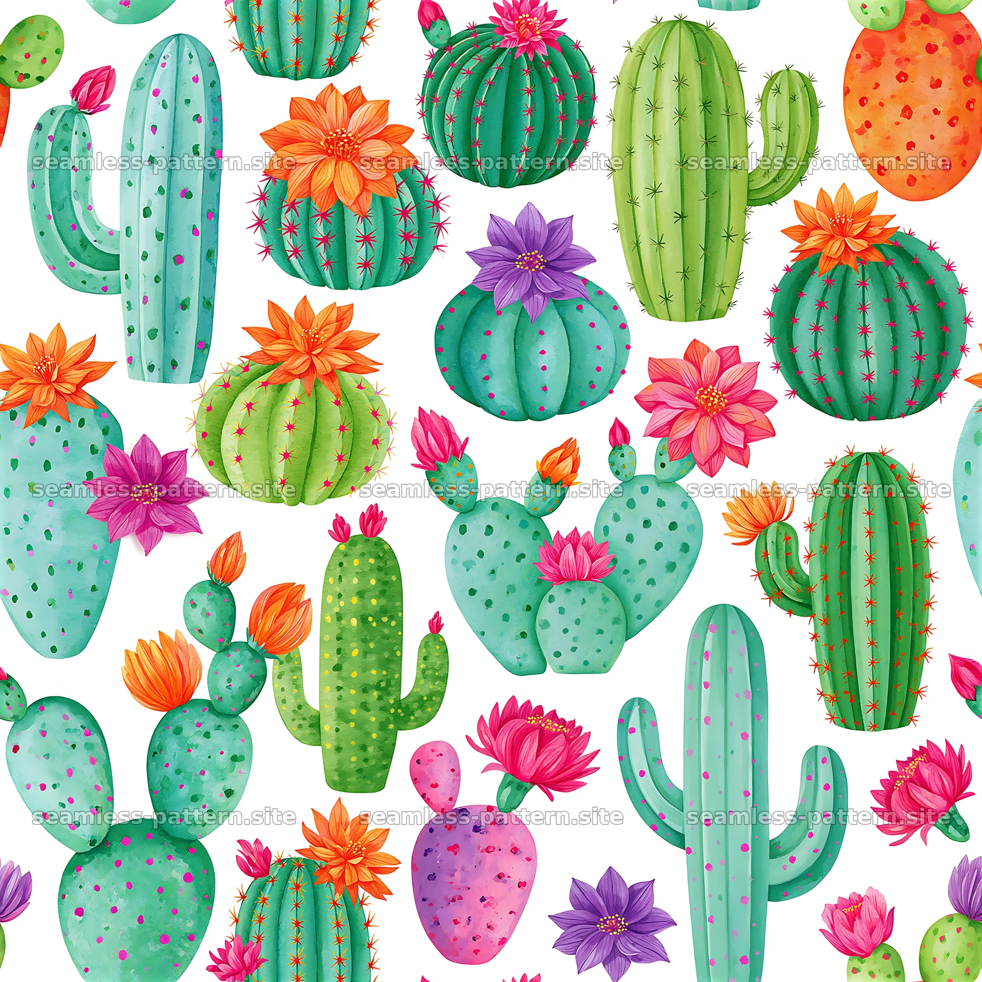 Vibrant Watercolor Cactus and Flower Pattern — seamless tileable pattern at 8192x8192