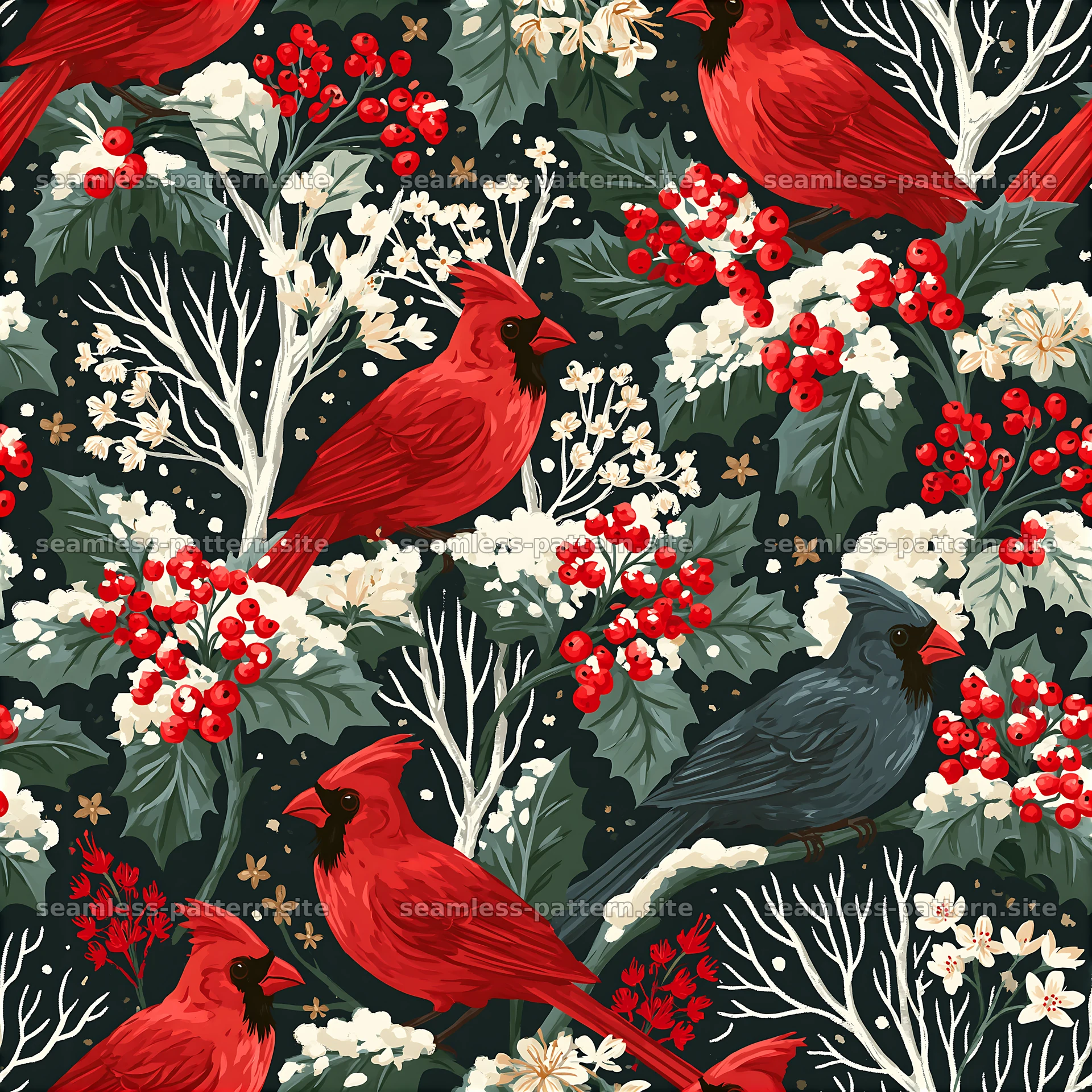 Seamless holiday fabric pattern with cardinals and festive plants — seamless tileable pattern at 8192x8192