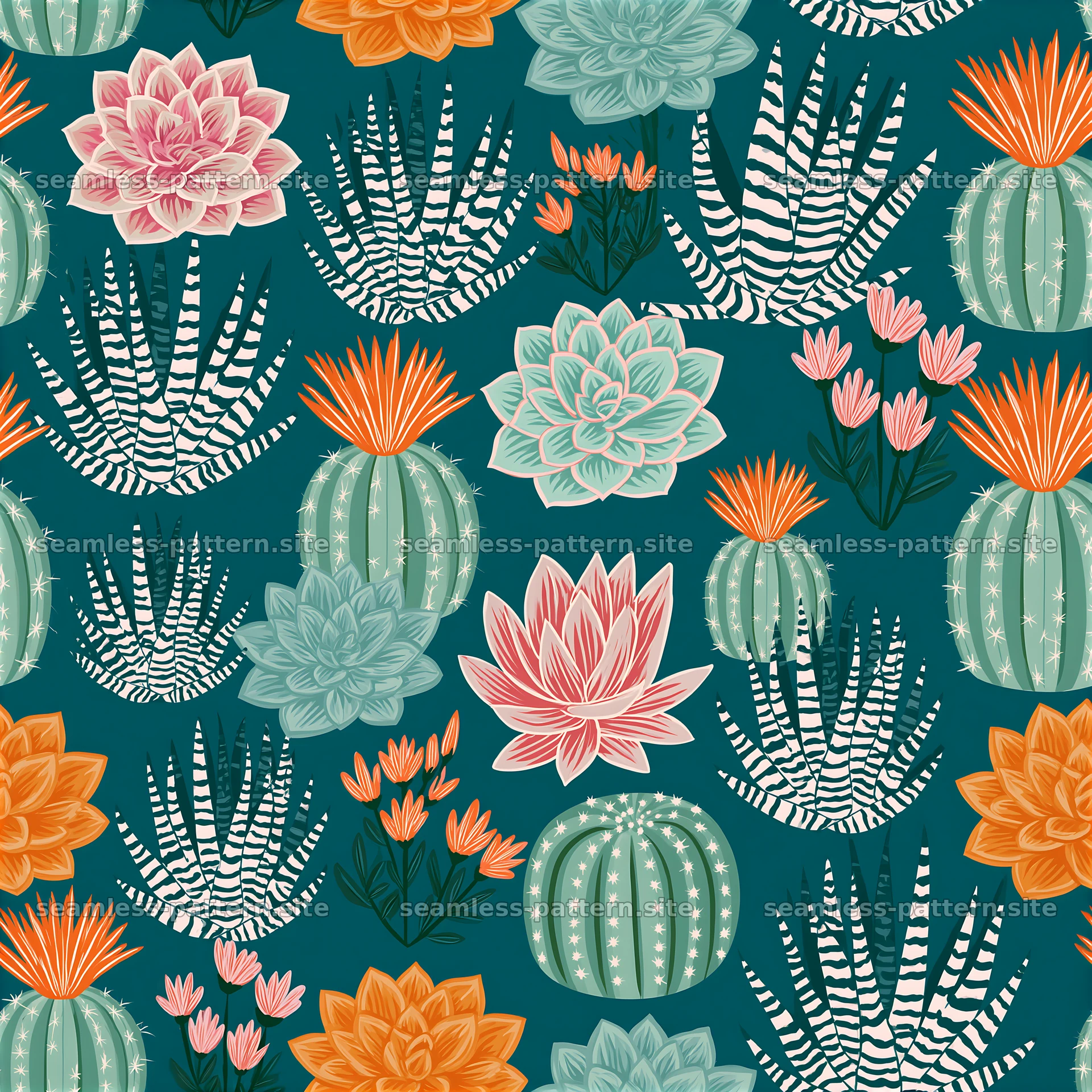Bright succulent plants repeat pattern with green and orange hues — seamless tileable pattern at 8192x8192