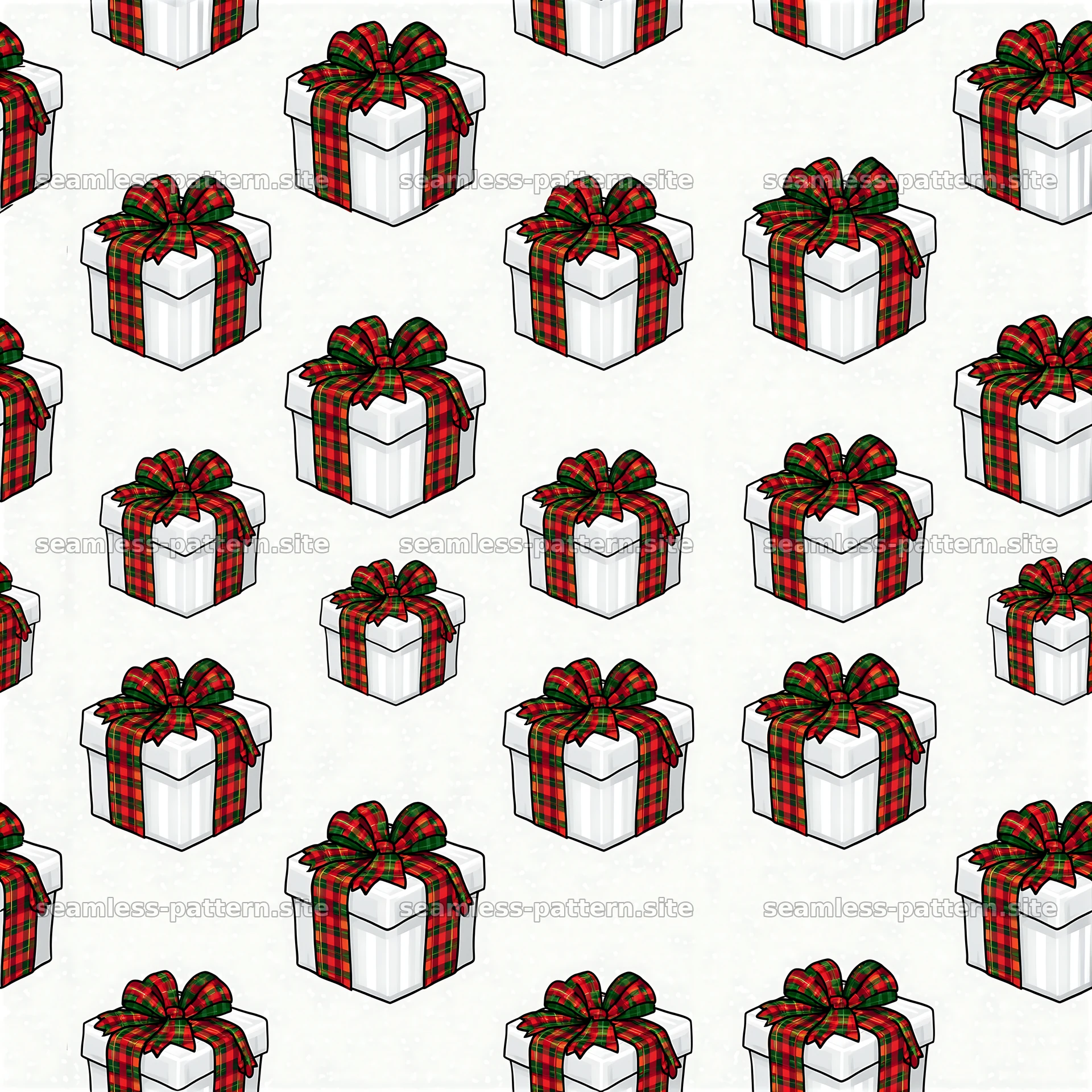 Repeating pattern of Christmas gifts with tartan ribbons — seamless tileable pattern at 8192x8192