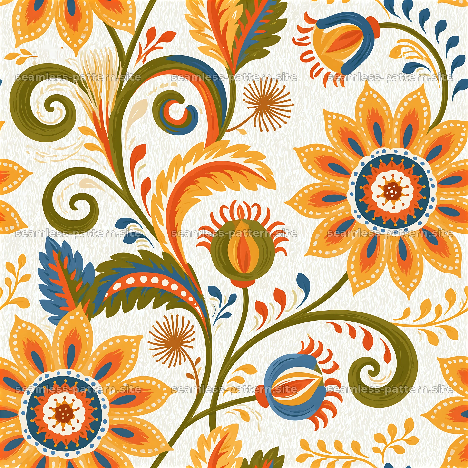 Colorful floral design with swirls and bold patterns in warm tones — seamless tileable pattern at 8192x8192