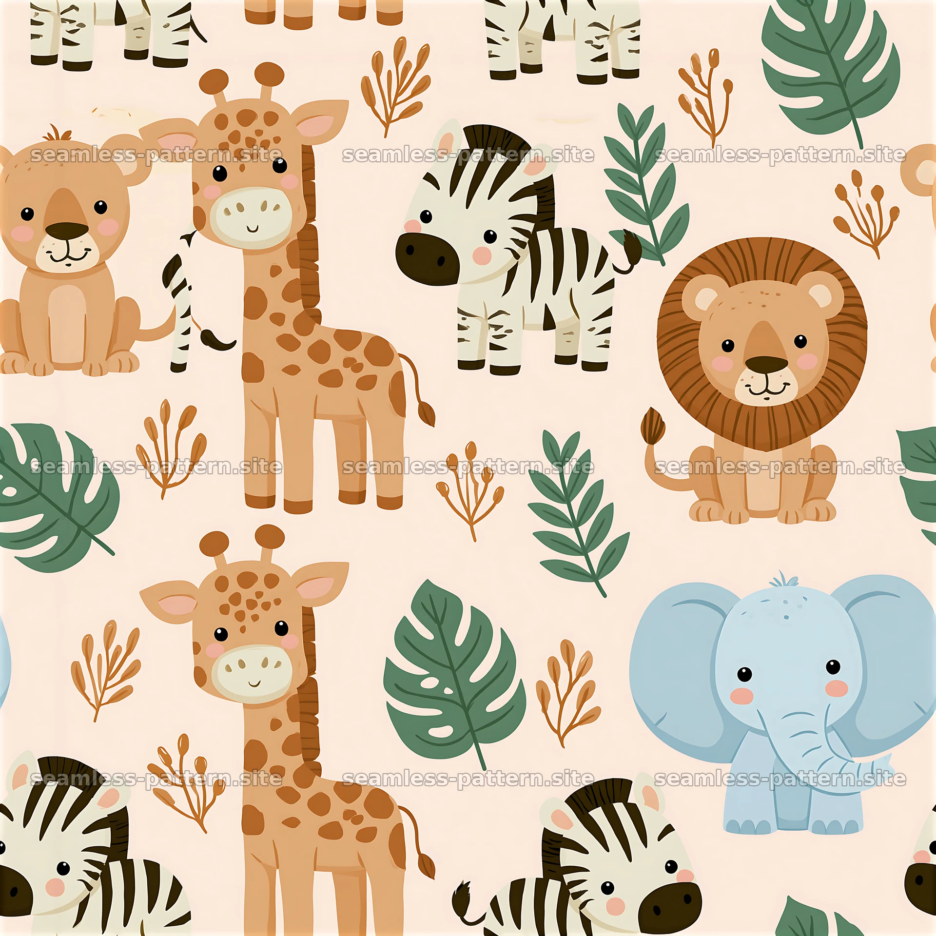 Cute Safari Animals Seamless Pattern with Tropical Leaves — seamless tileable pattern at 8192x8192