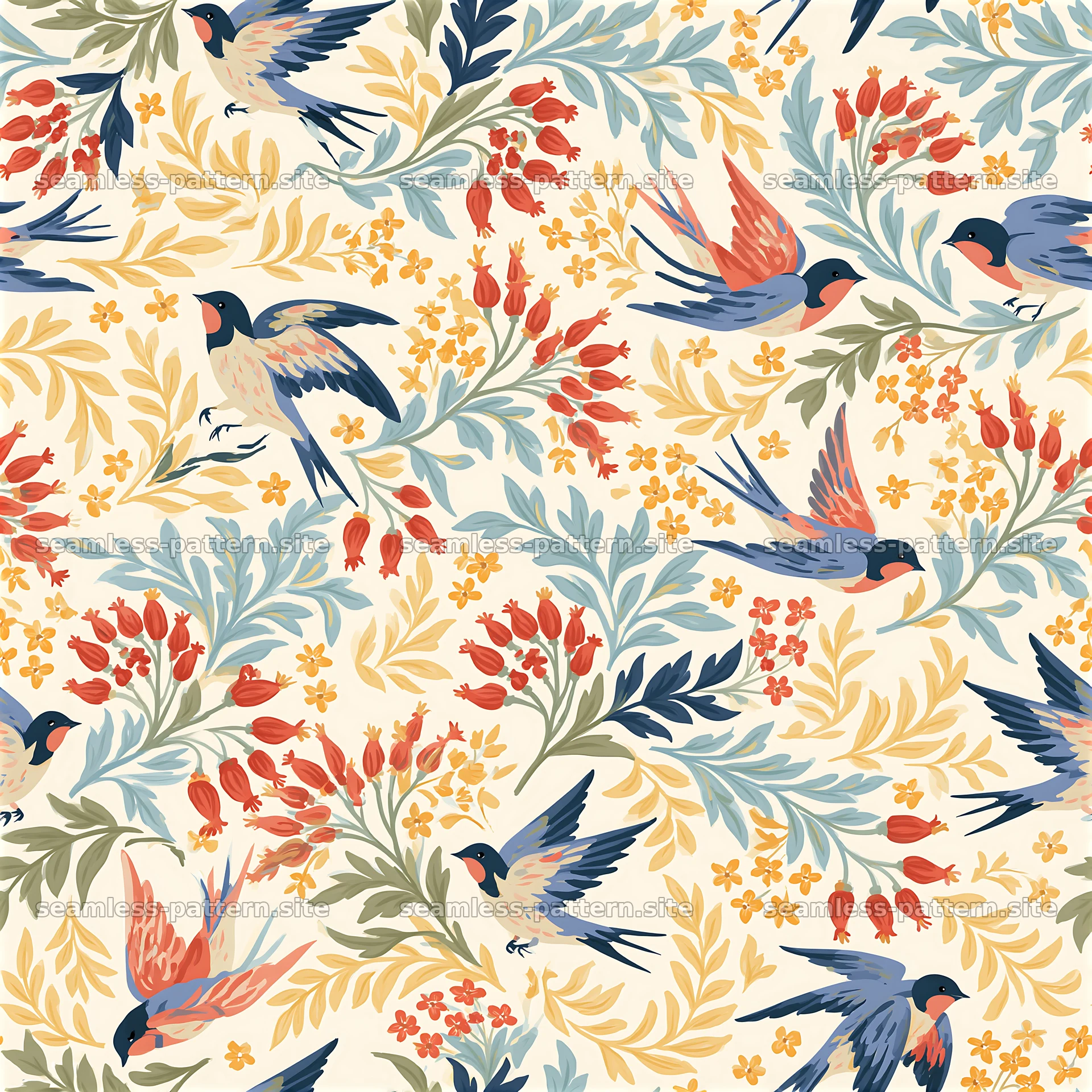 Vintage birds and flowers seamless pattern with light background — seamless tileable pattern at 8192x8192