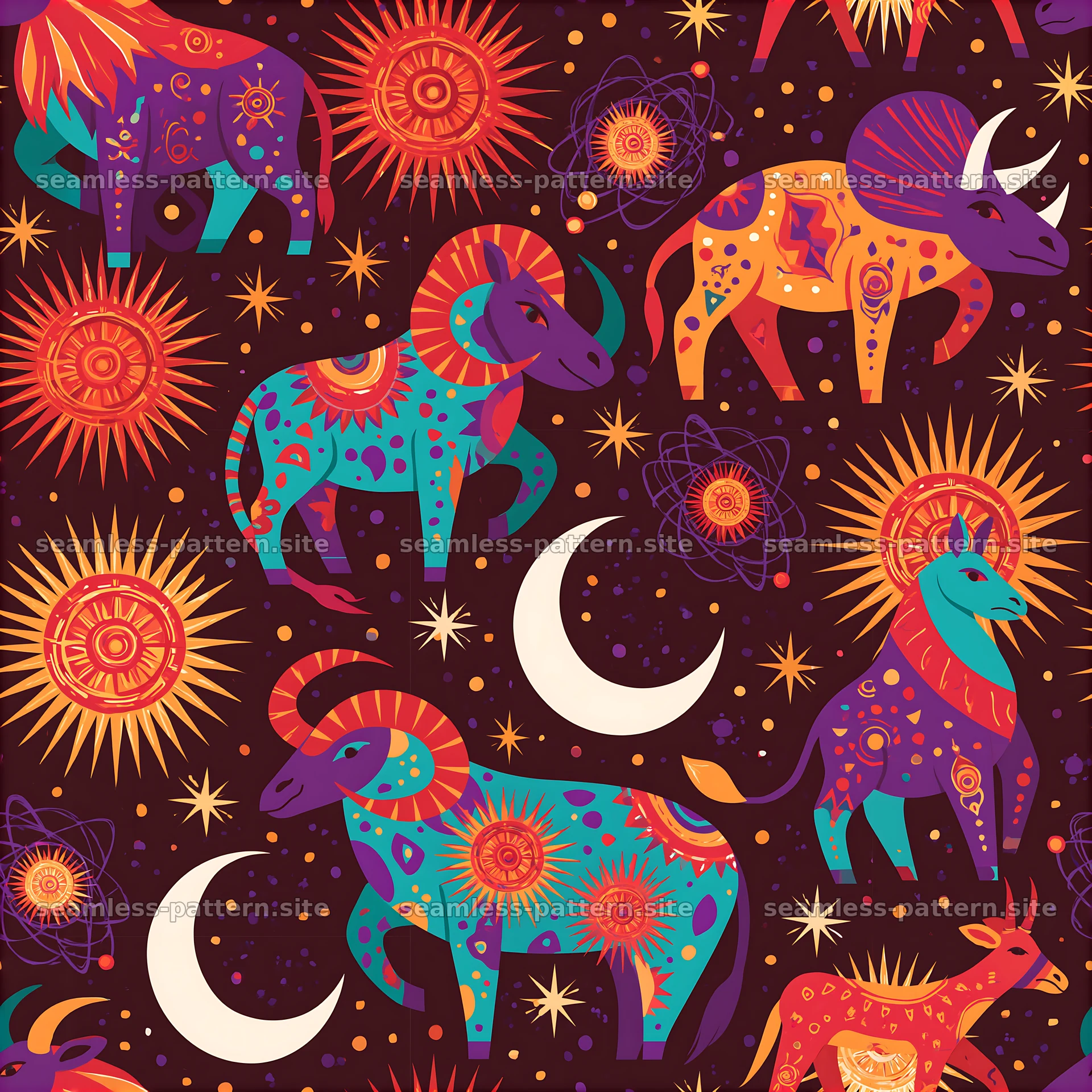 Colorful Astrology Zodiac Animals and Celestial Symbols Pattern — seamless tileable pattern at 8192x8192