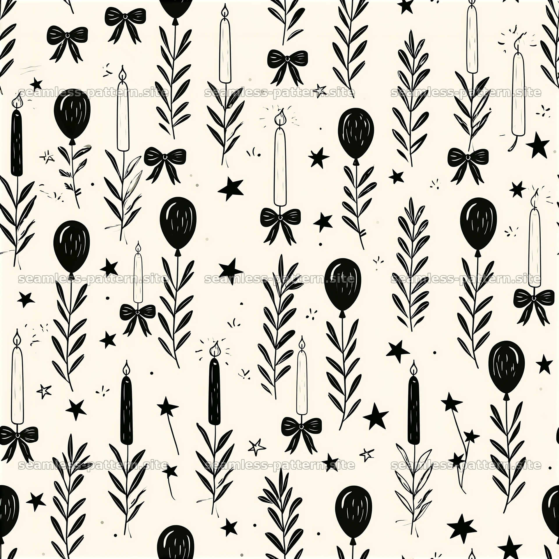 Birthday black and white seamless pattern with balloons and candles — seamless tileable pattern at 8192x8192