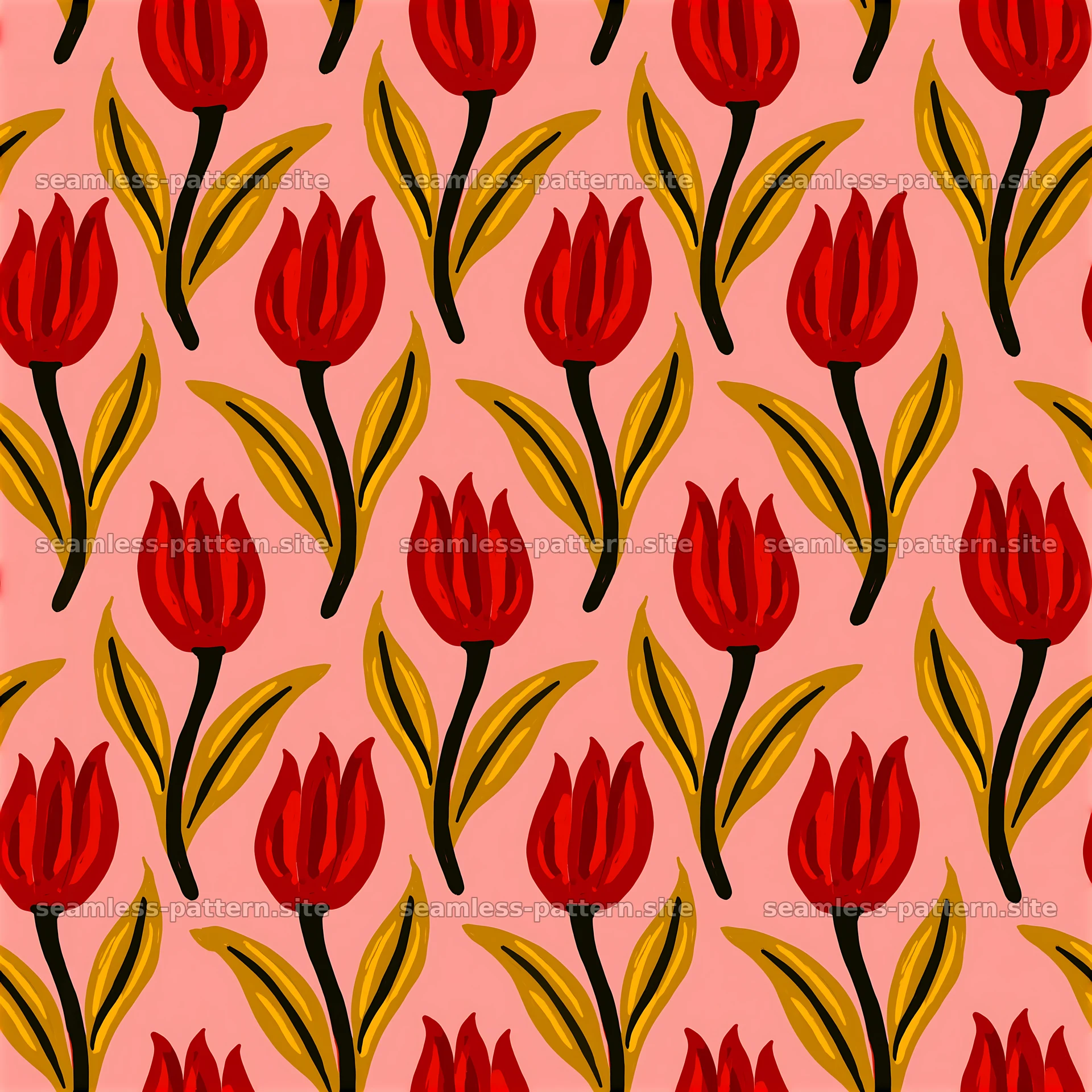 Vibrant red tulip pattern with green leaves on a light pink background — seamless tileable pattern at 8192x8192
