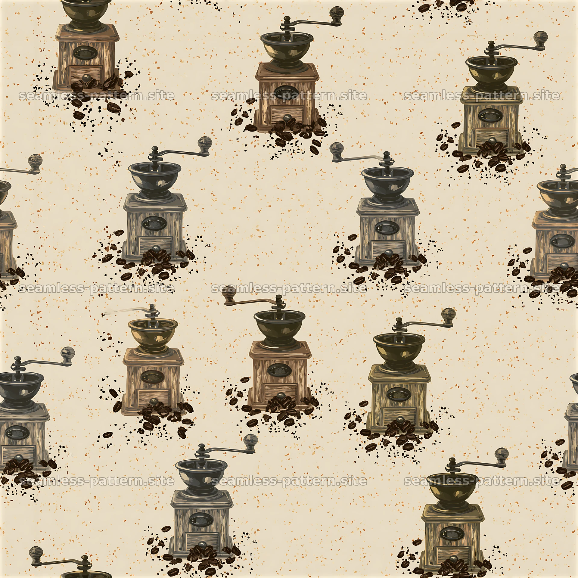 Seamless coffee grinder pattern with coffee beans on light background — seamless tileable pattern at 8192x8192