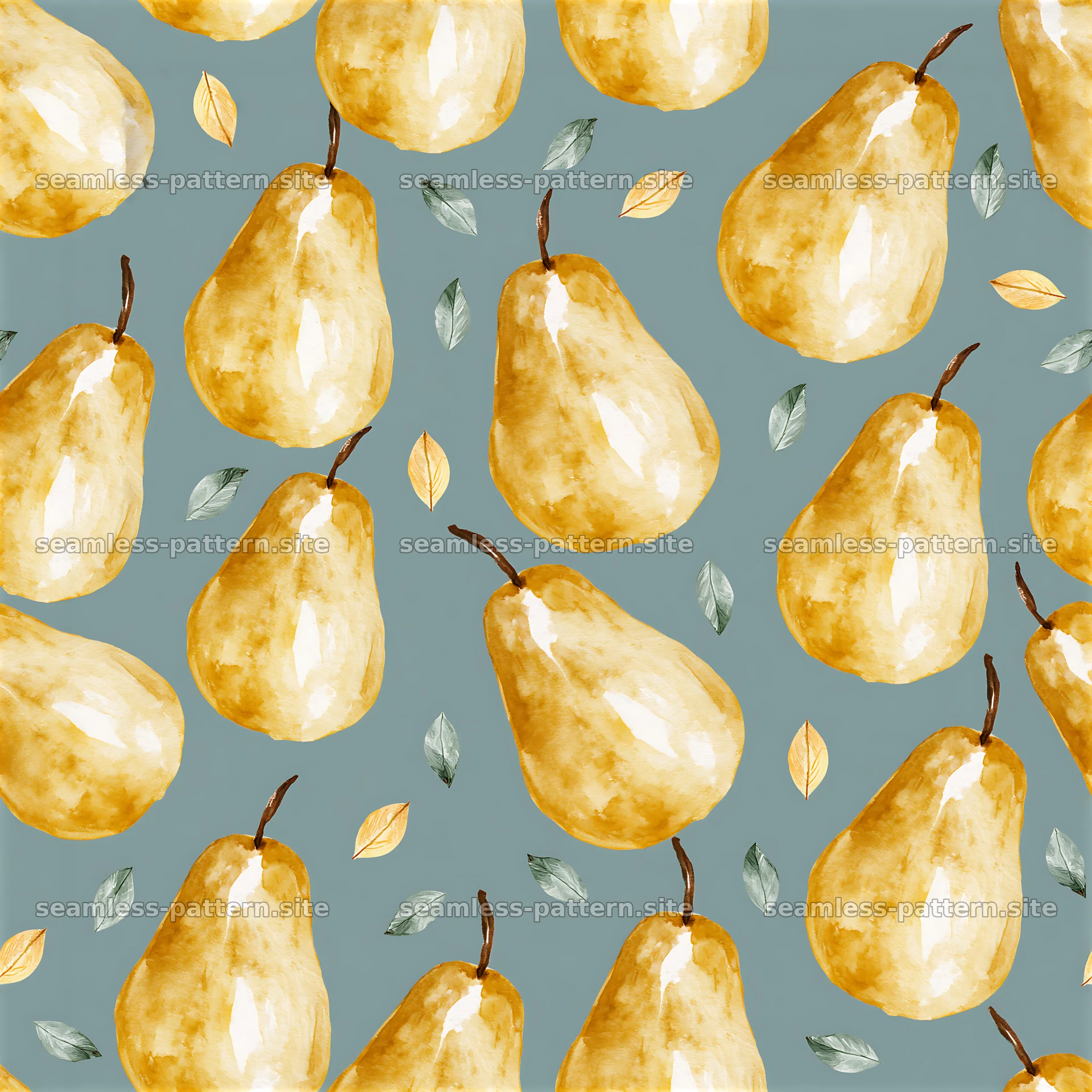 Seamless watercolor pear pattern on a blue background — seamless tileable pattern at 8192x8192