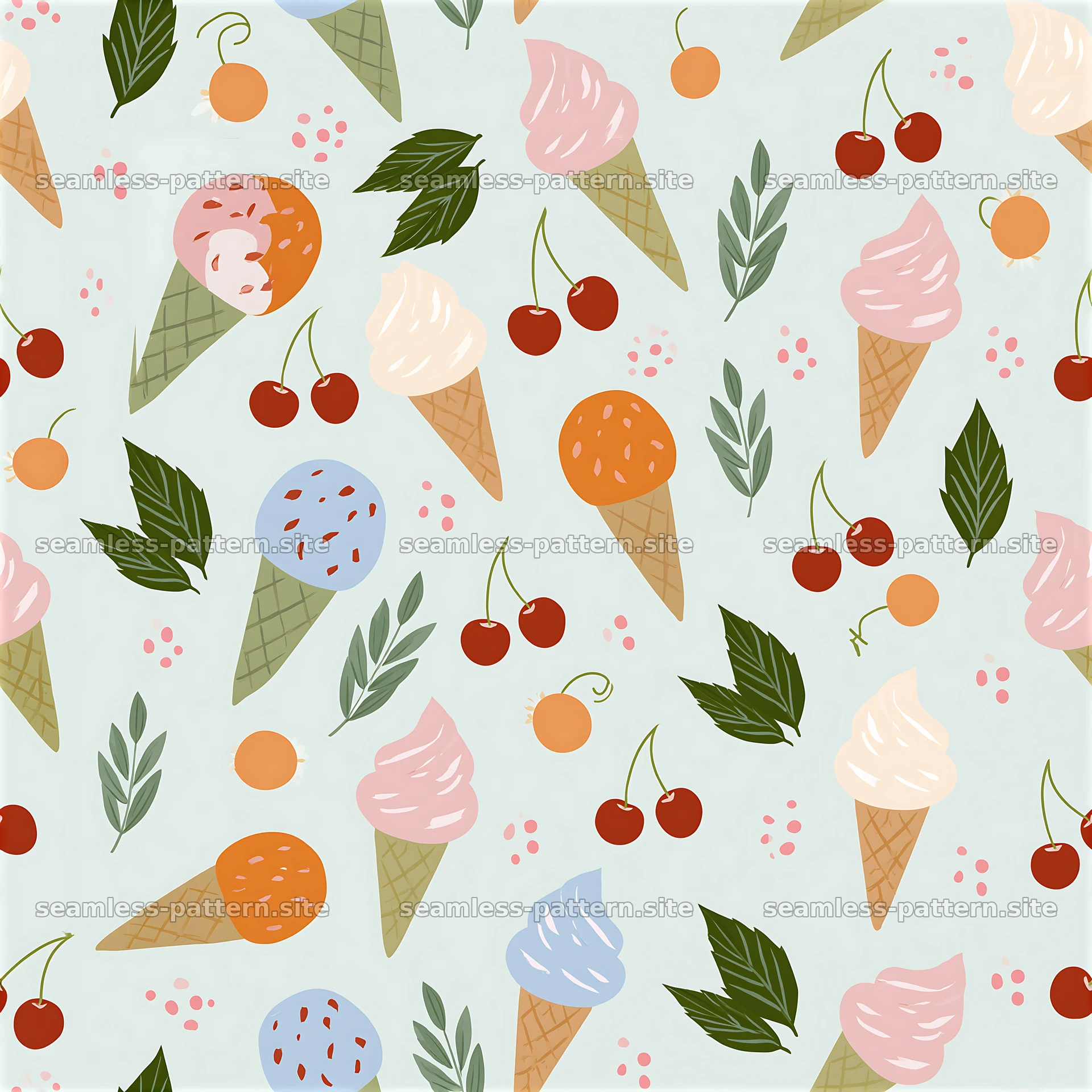 Colorful ice cream cones and toppings in a seamless pattern — seamless tileable pattern at 8192x8192