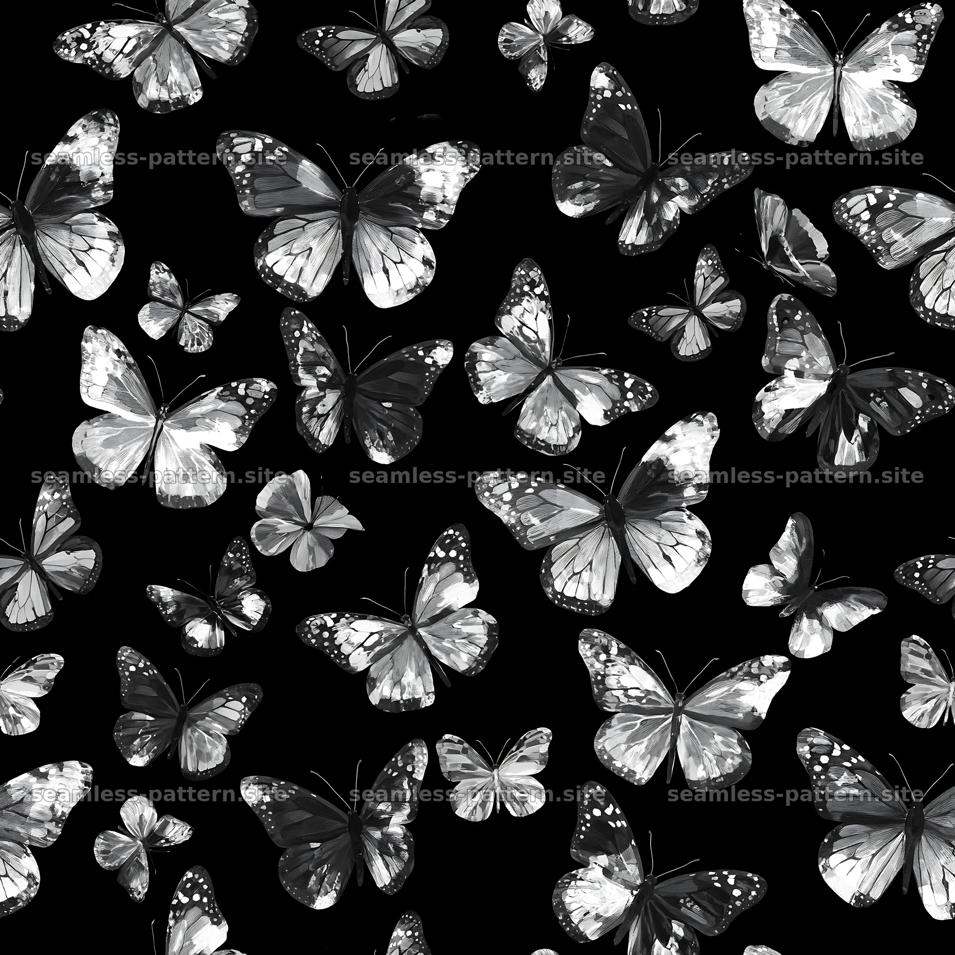 Whimsical butterfly seamless pattern in black and white — seamless tileable pattern