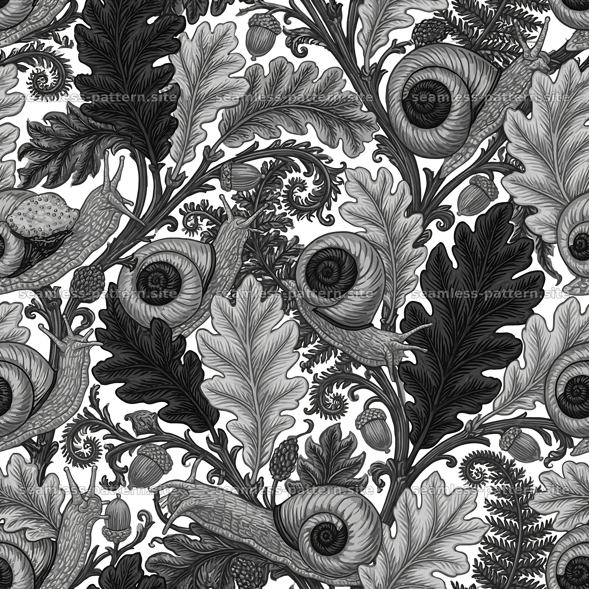 Red snail and foliage repeat pattern for fabric and wallpaper — seamless tileable pattern