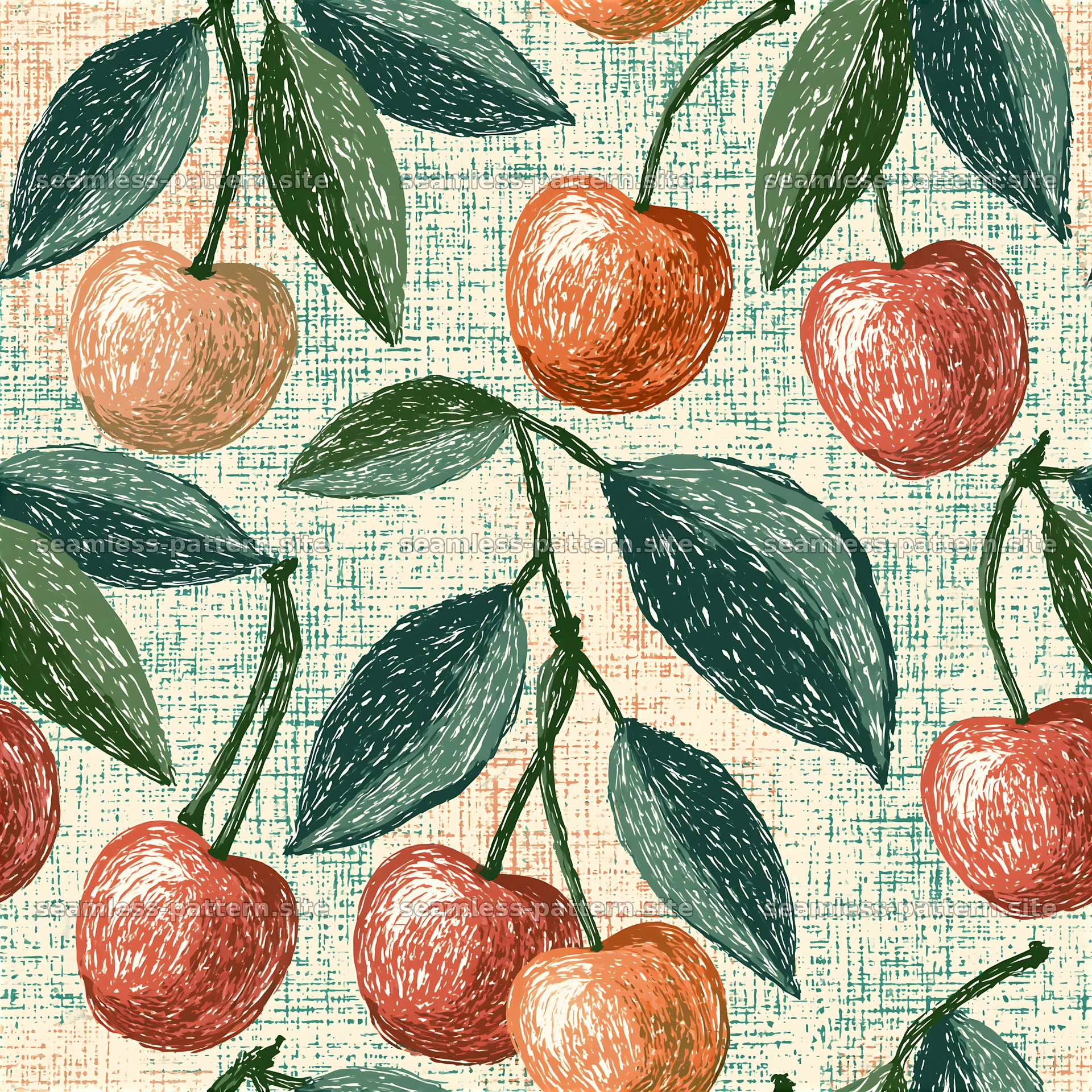 Seamless cherry pattern with leaves on textured backdrop — seamless tileable pattern at 8192x8192