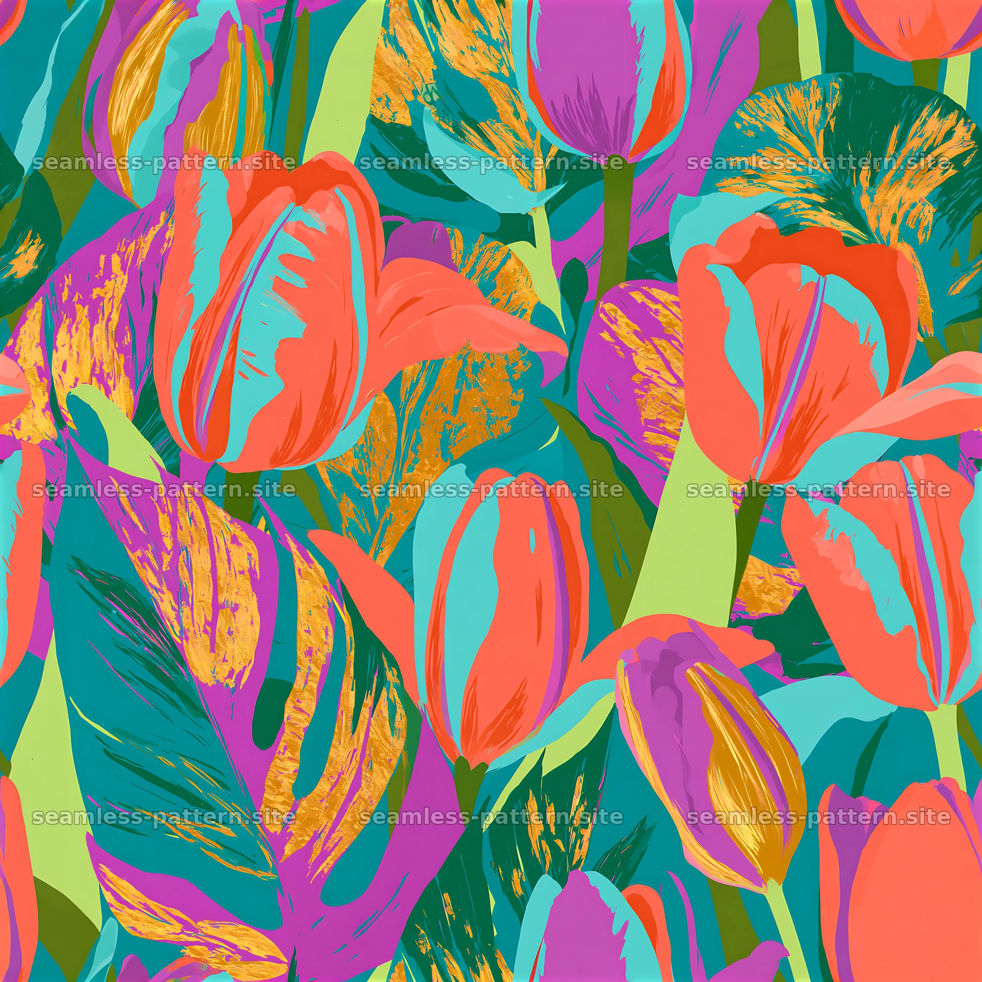 Bright floral design featuring colorful tulips and abstract leaves — seamless tileable pattern at 8192x8192