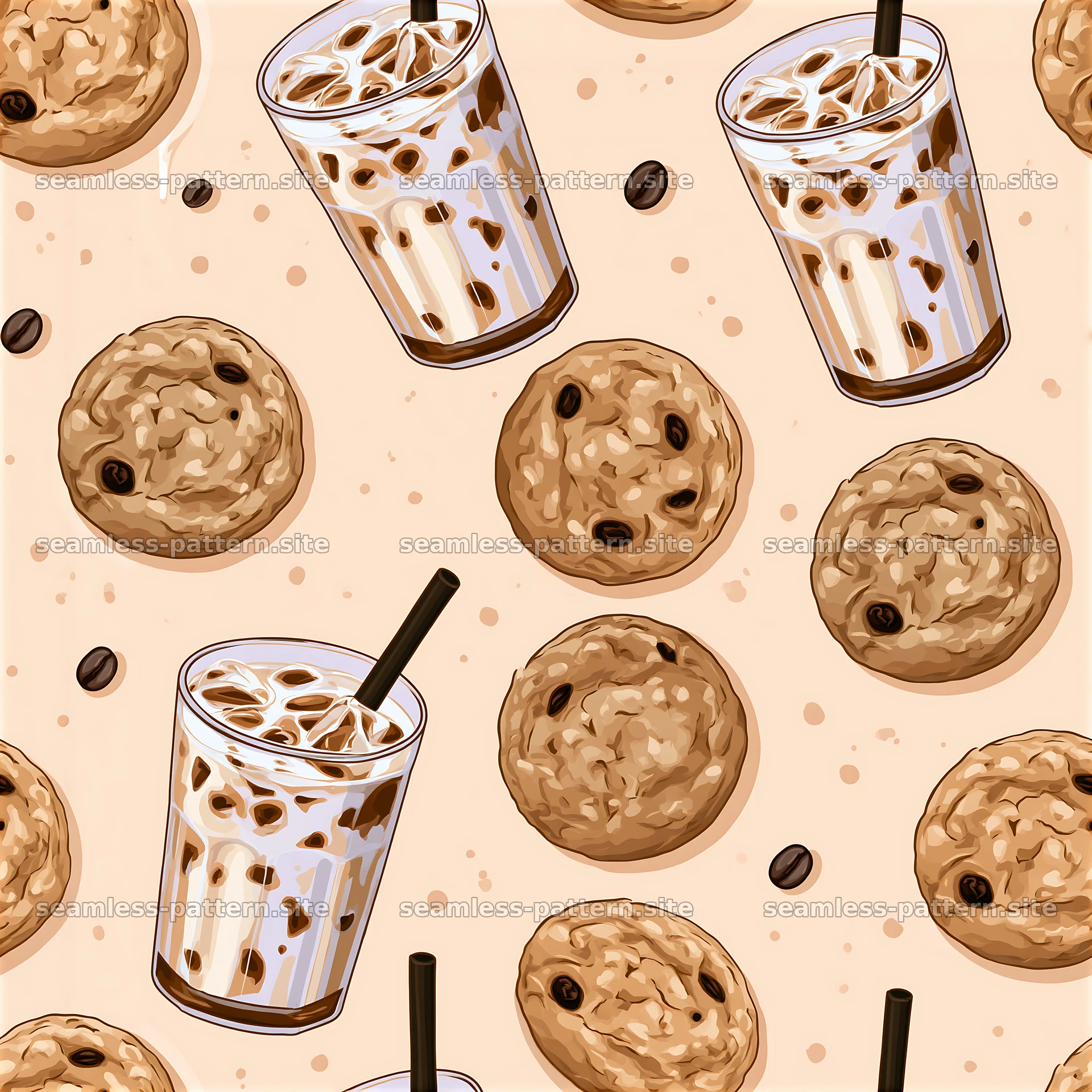 Coffee and cookies seamless dessert pattern for backgrounds — seamless tileable pattern at 8192x8192