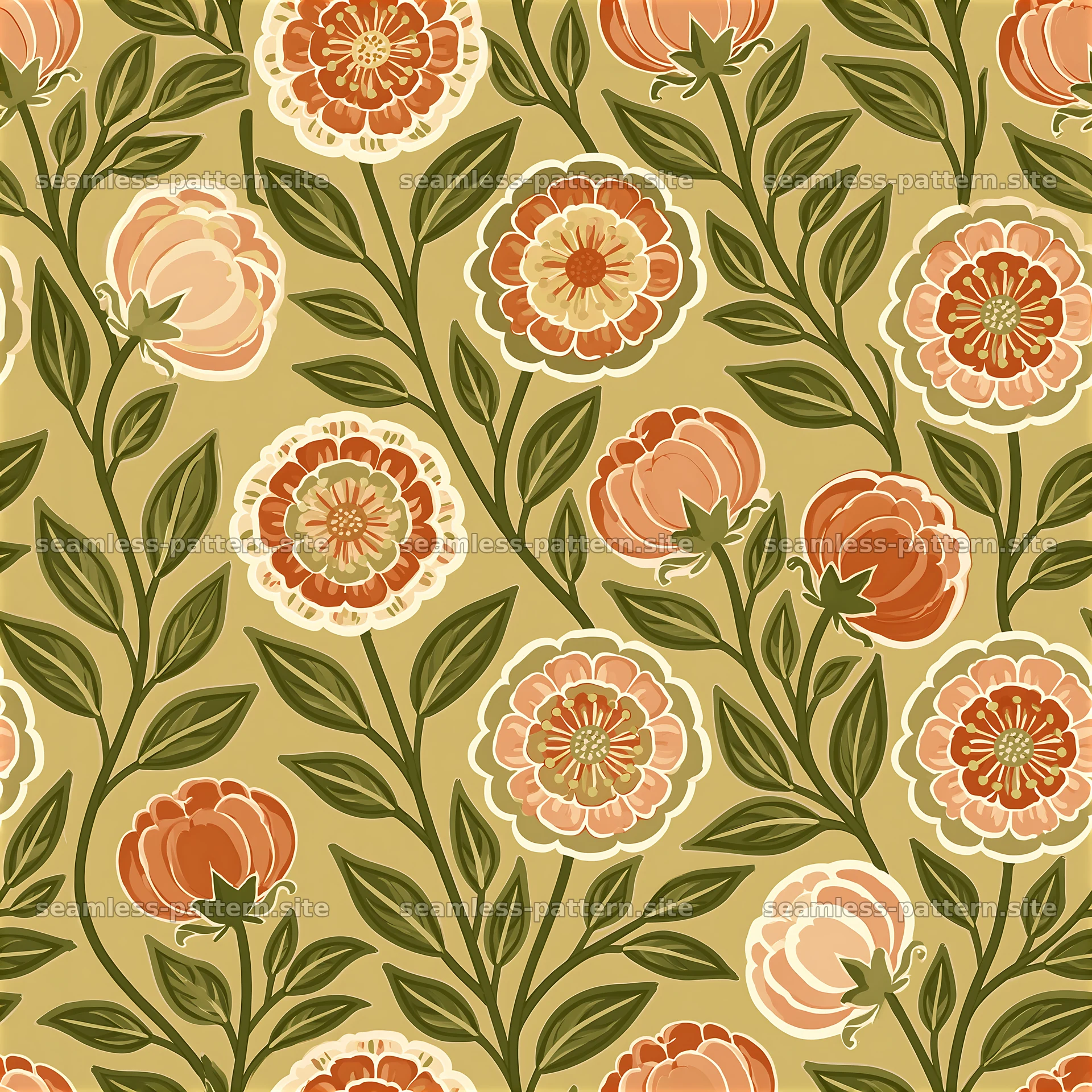 Vintage flower tileable pattern with red and peach blossoms on green — seamless tileable pattern at 8192x8192