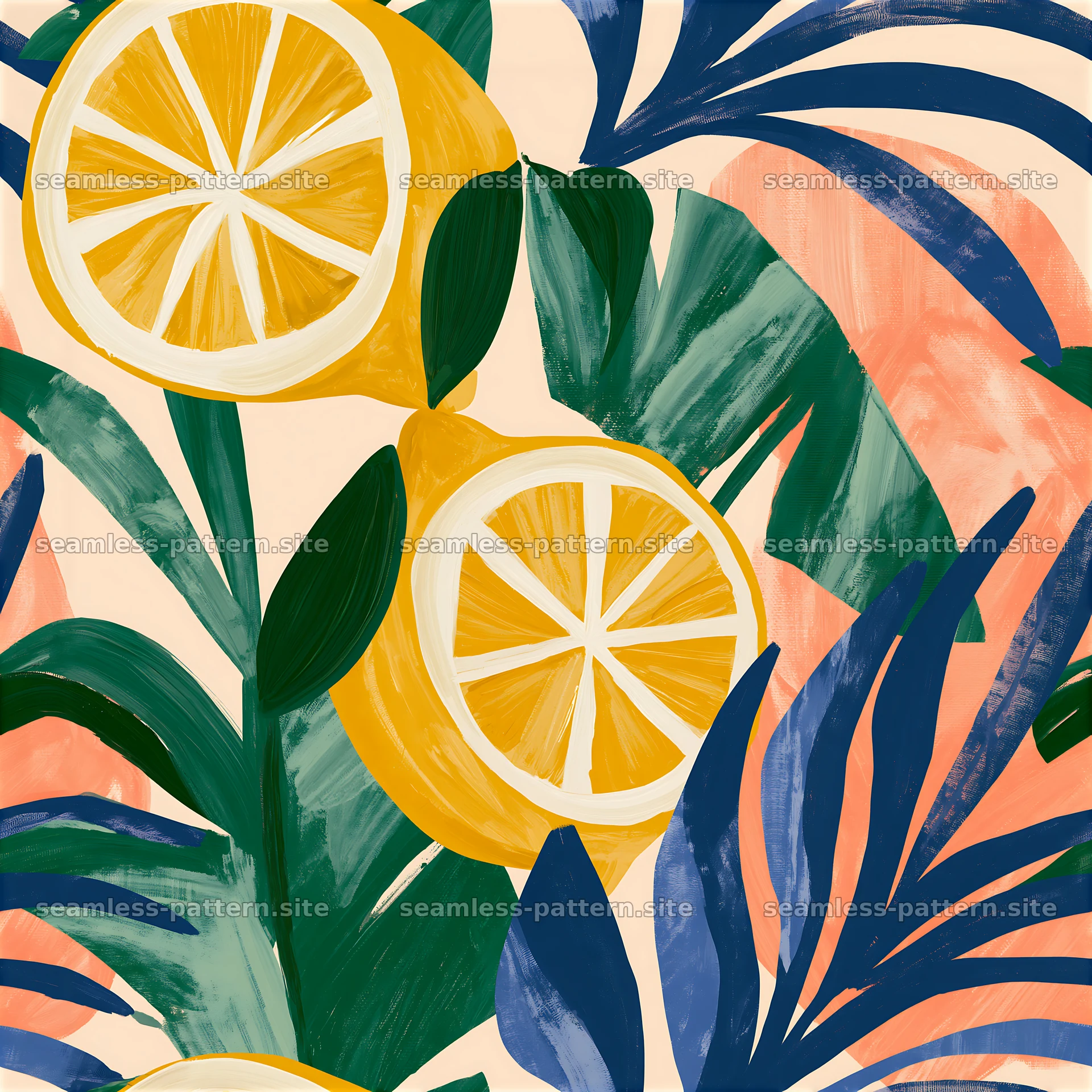 Colorful lemons and leaves in a repeating pattern design — seamless tileable pattern at 8192x8192