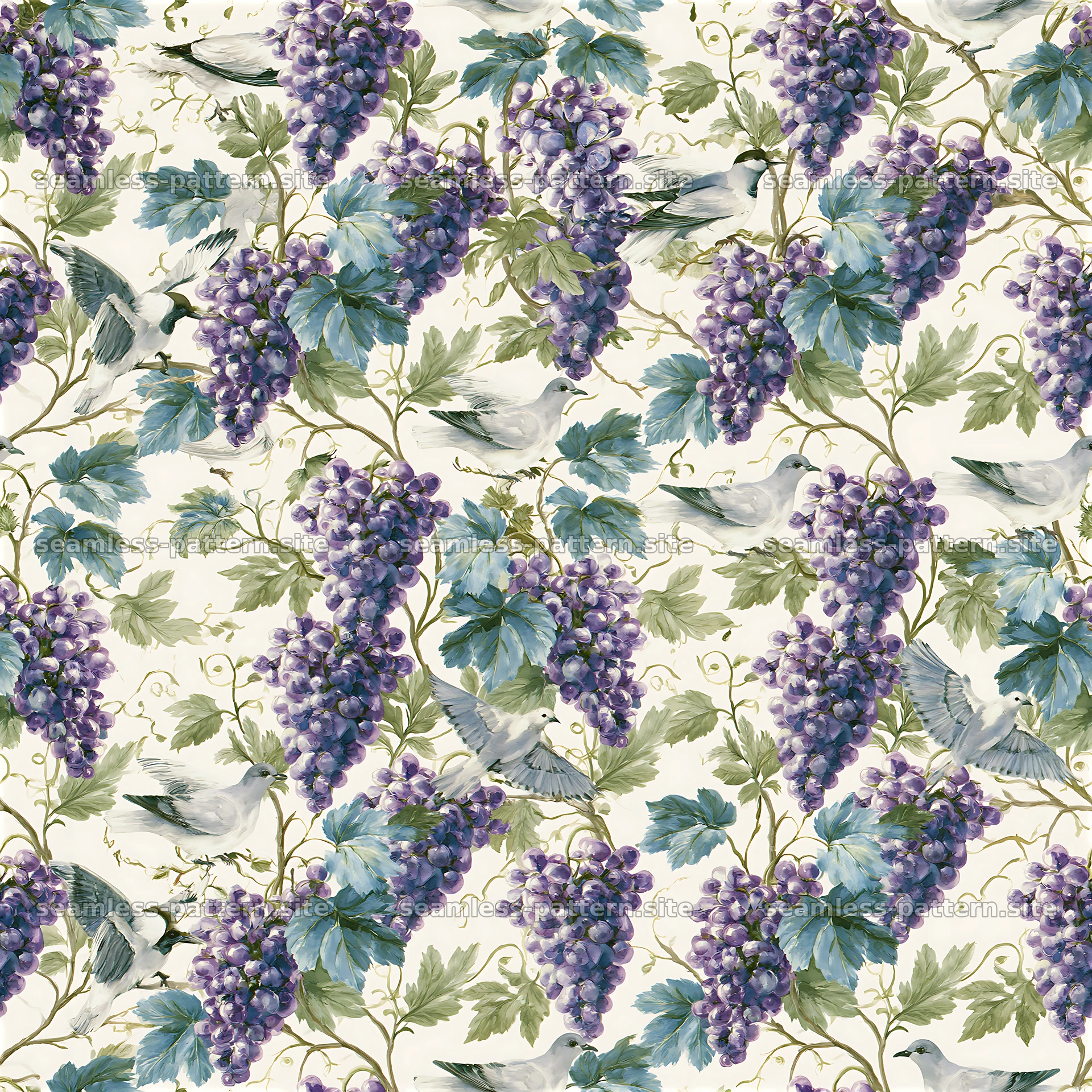Repeating pattern of grape clusters, vines and small doves — seamless tileable pattern at 8192x8192