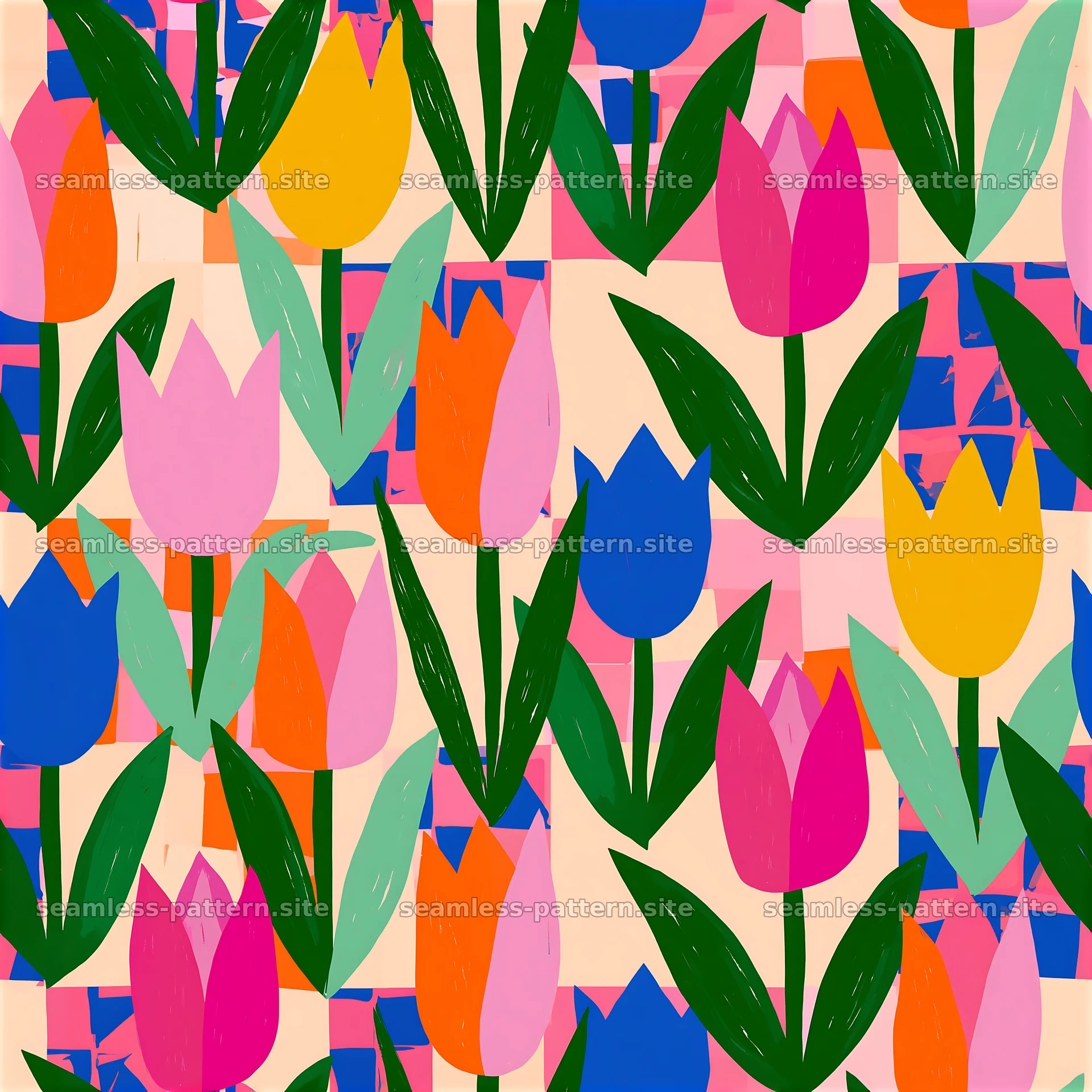 Colorful tulip design in a cheerful repeating pattern — seamless tileable pattern at 8192x8192