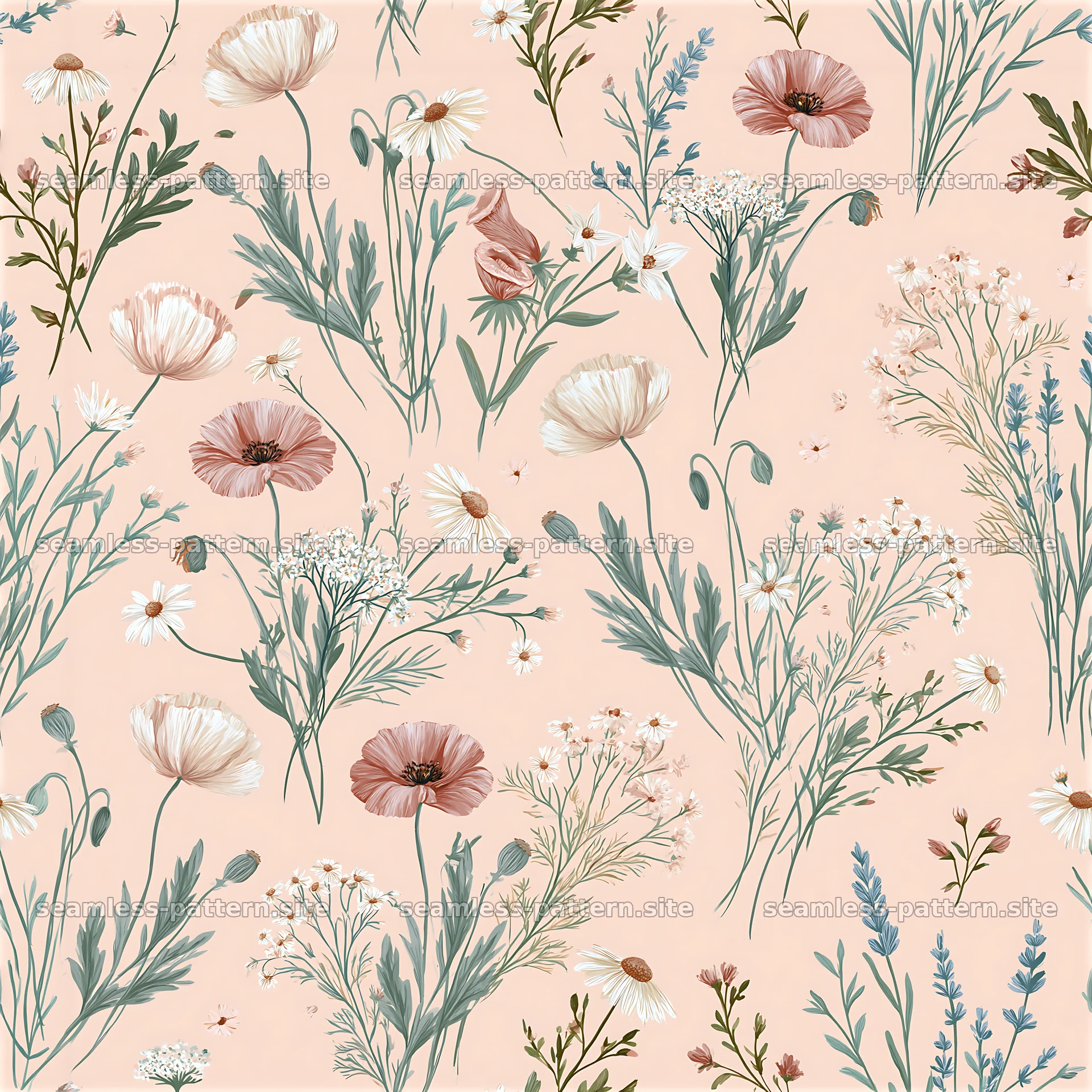 Summer flower seamless pattern with pastel colors and varied blooms — seamless tileable pattern at 8192x8192