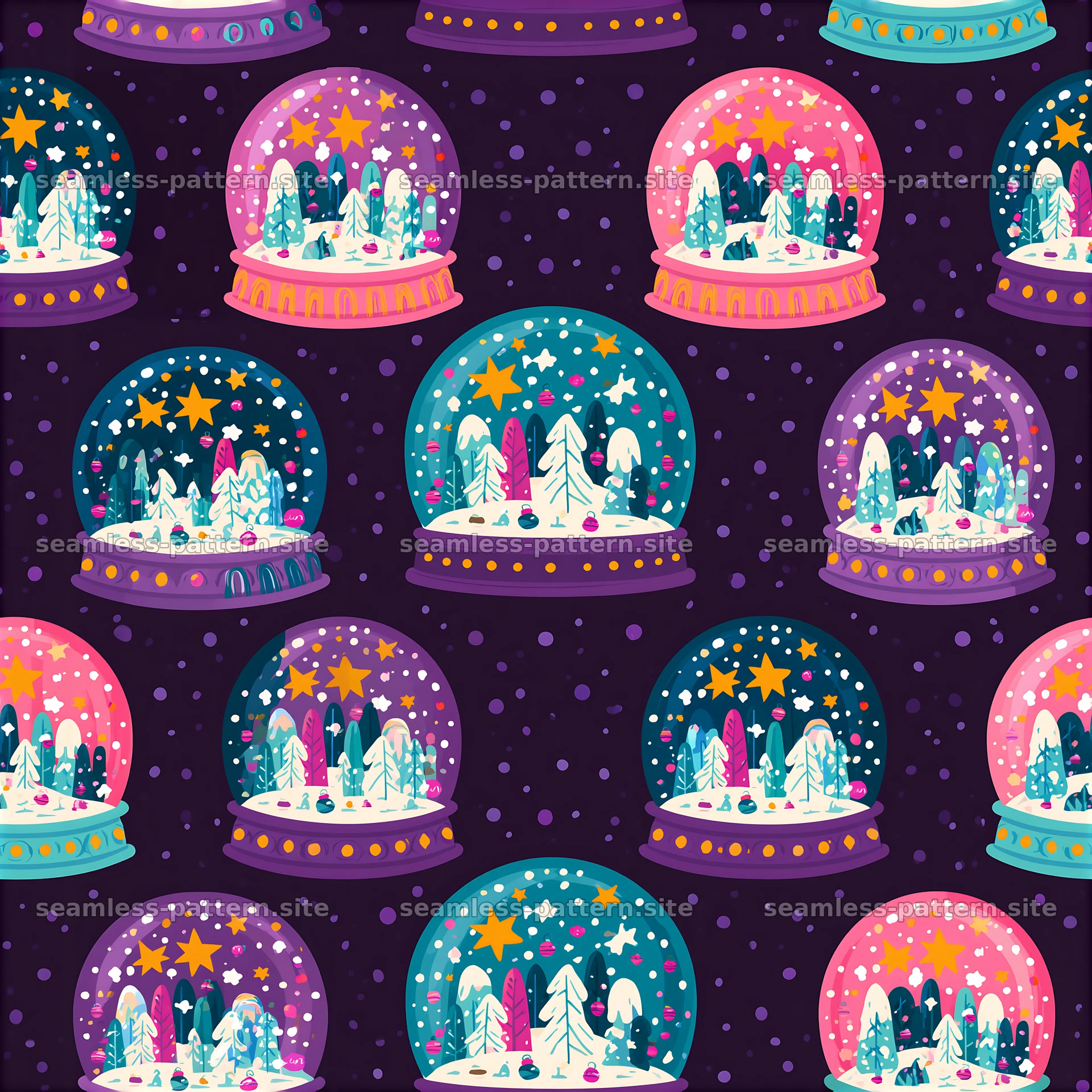 Colorful Christmas seamless pattern with playful snow globes — seamless tileable pattern at 8192x8192