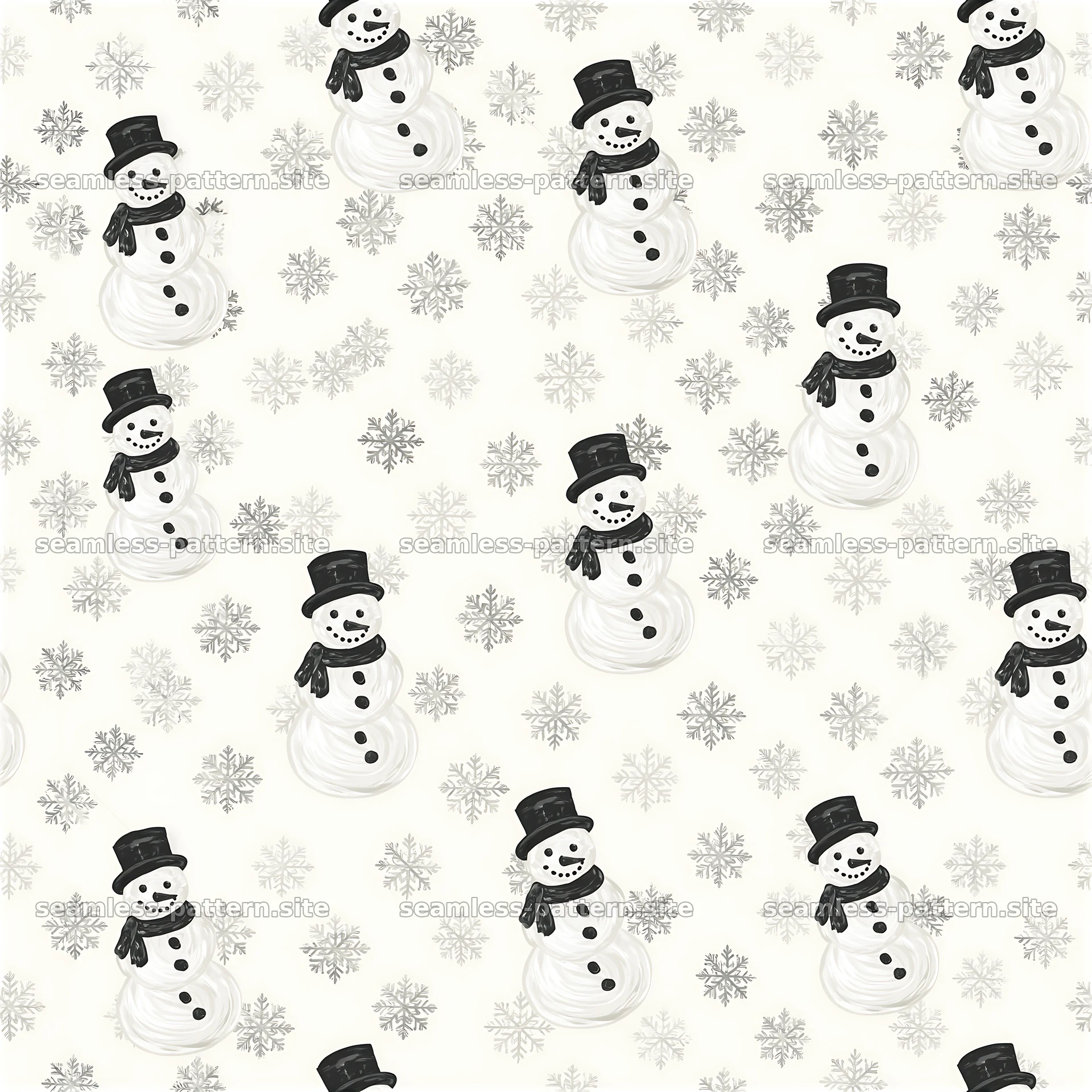 Seamless snowman pattern with snowflakes on a light background — seamless tileable pattern at 8192x8192