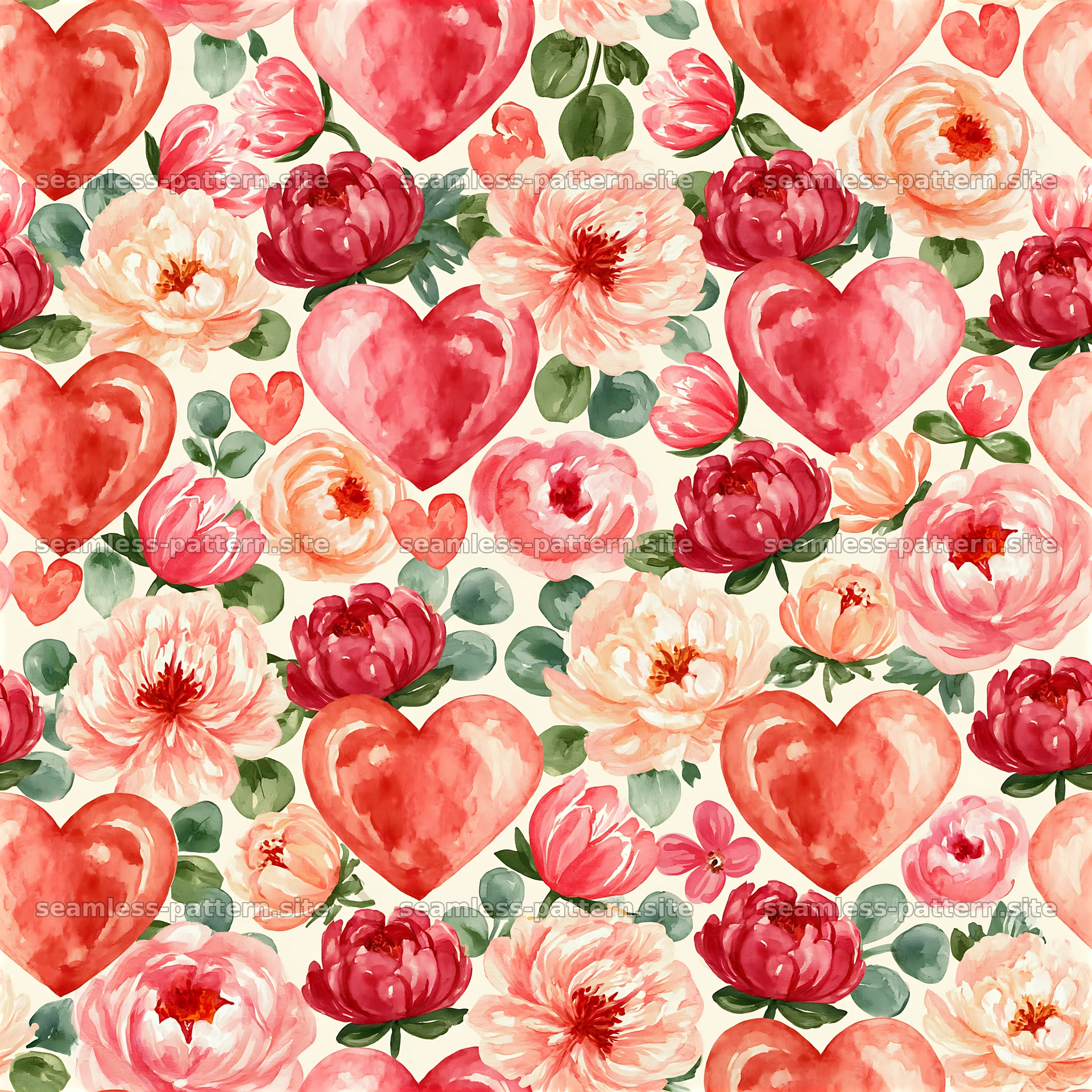 Colorful hearts and flowers seamless pattern design — seamless tileable pattern at 8192x8192