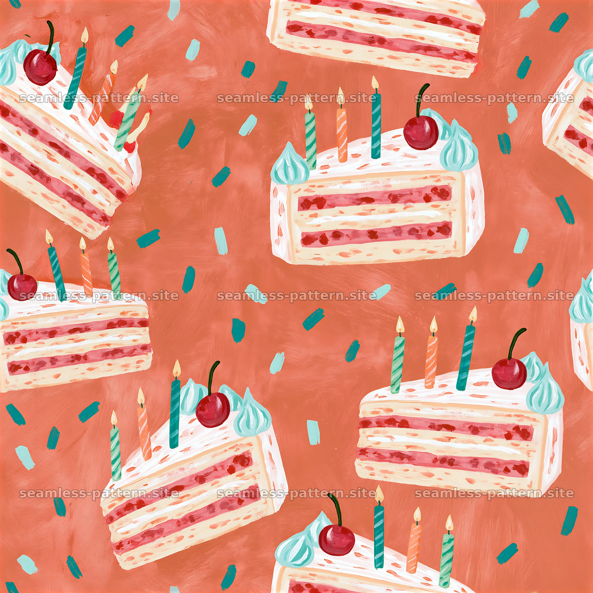 Colorful cake slices with candles and sprinkles seamless pattern — seamless tileable pattern at 8192x8192