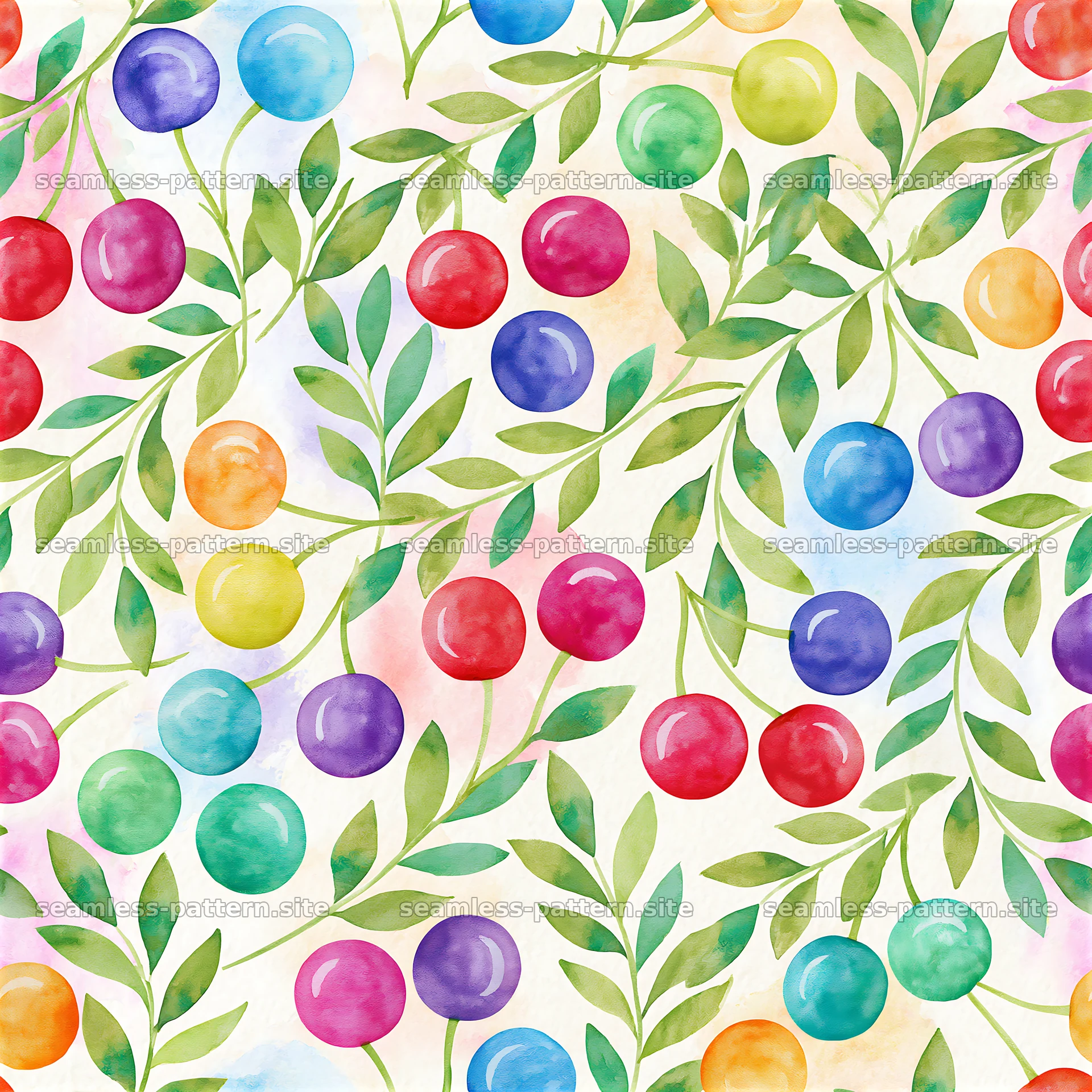 Rainbow cherries seamless pattern with colorful fruits and leaves — seamless tileable pattern at 8192x8192