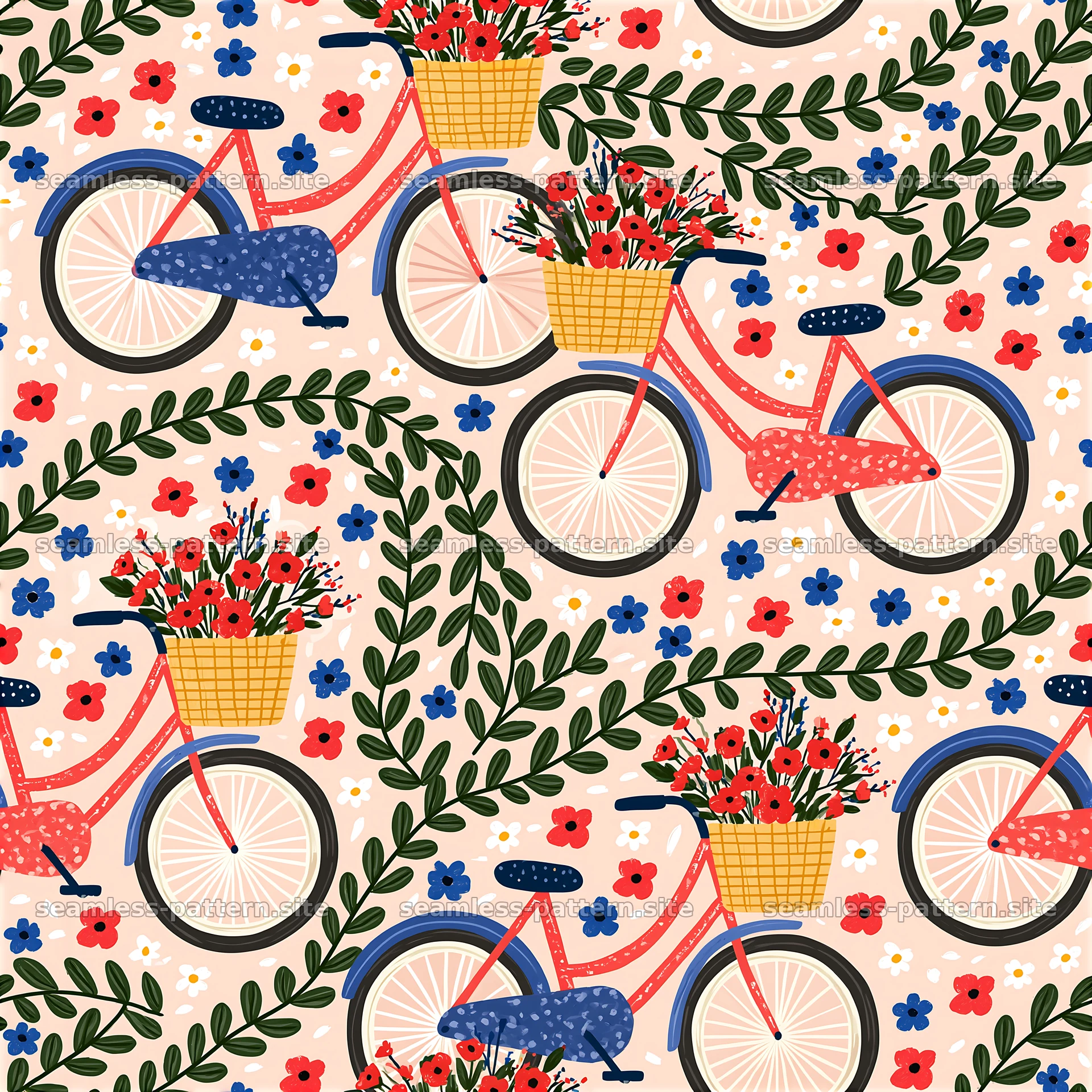 Bicycles with flower baskets in a colorful floral pattern — seamless tileable pattern at 8192x8192