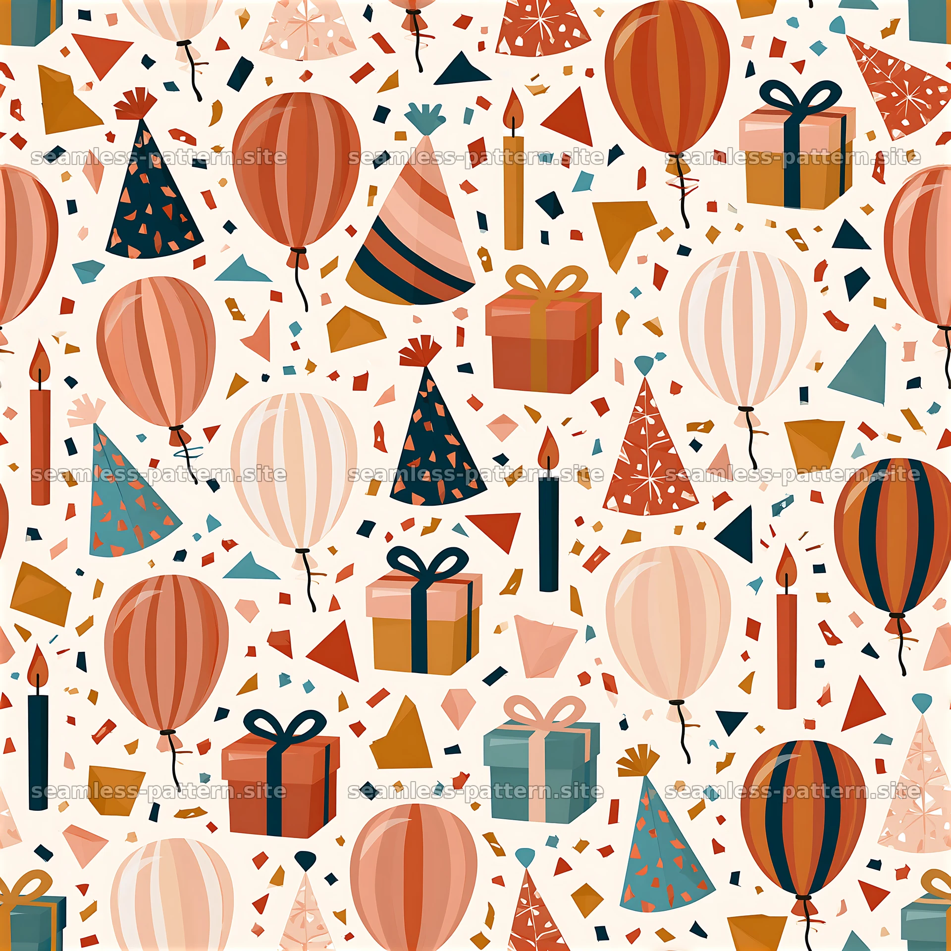 Colorful balloons and gifts in a fun party pattern for events — seamless tileable pattern at 8192x8192