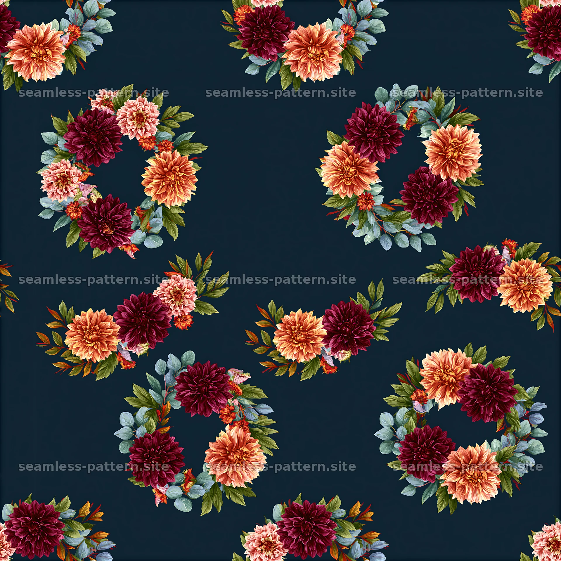 Flower wreath seamless pattern on dark background with colorful — seamless tileable pattern at 8192x8192