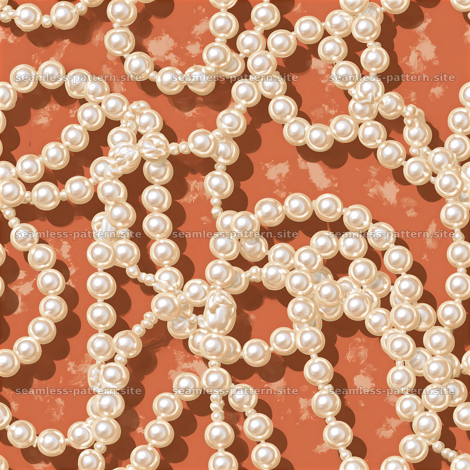 Pearl bead chains on terracotta abstract background — seamless tileable pattern at 8192x8192