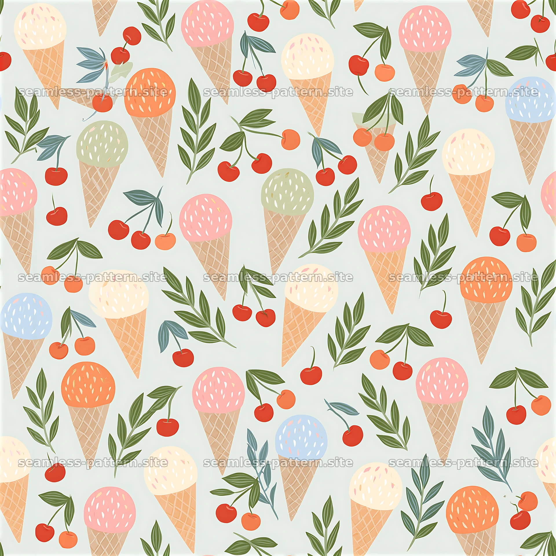 Colorful ice cream cones with cherries in a seamless pattern — seamless tileable pattern at 8192x8192