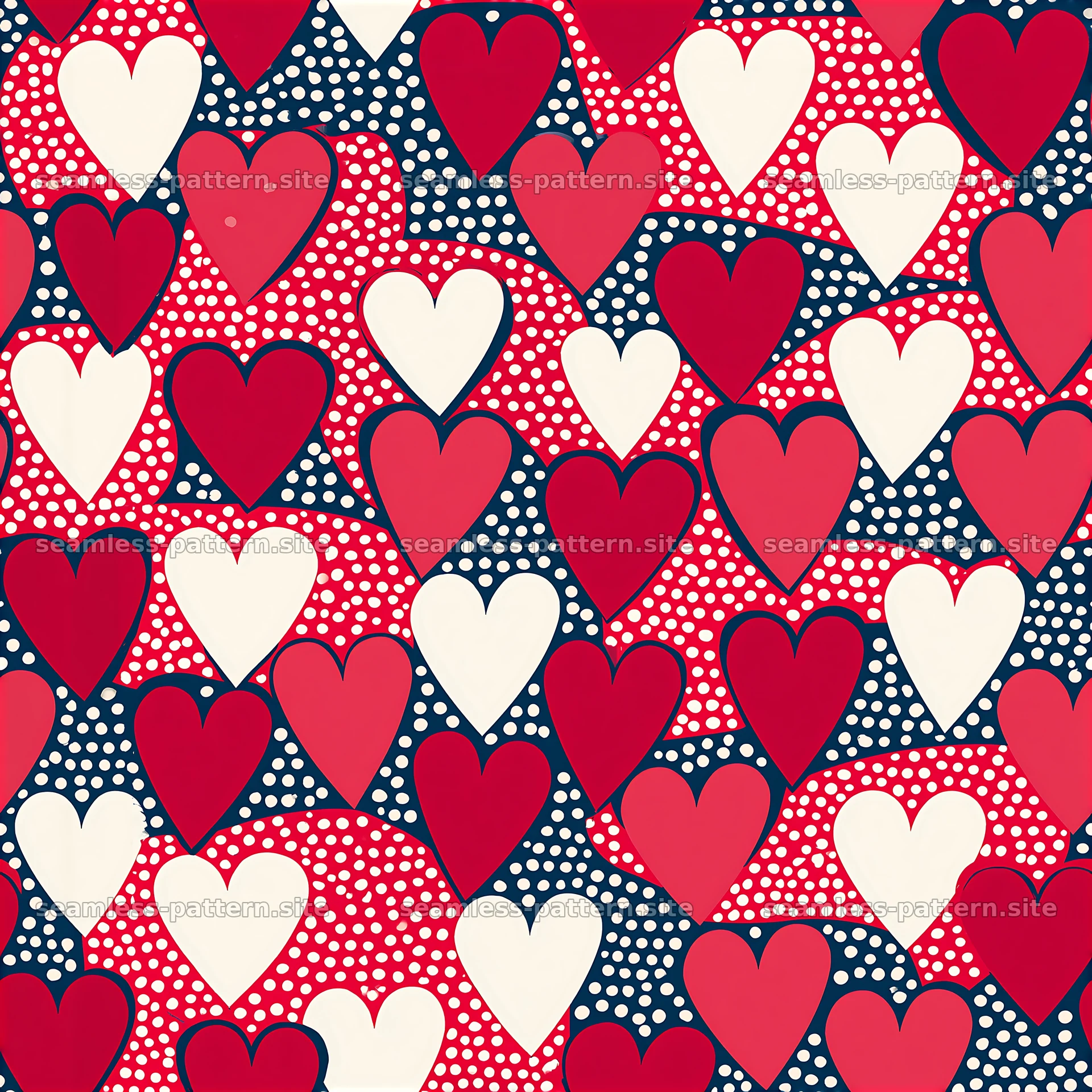 Colorful hearts and polka dots seamless pattern for design projects — seamless tileable pattern at 8192x8192