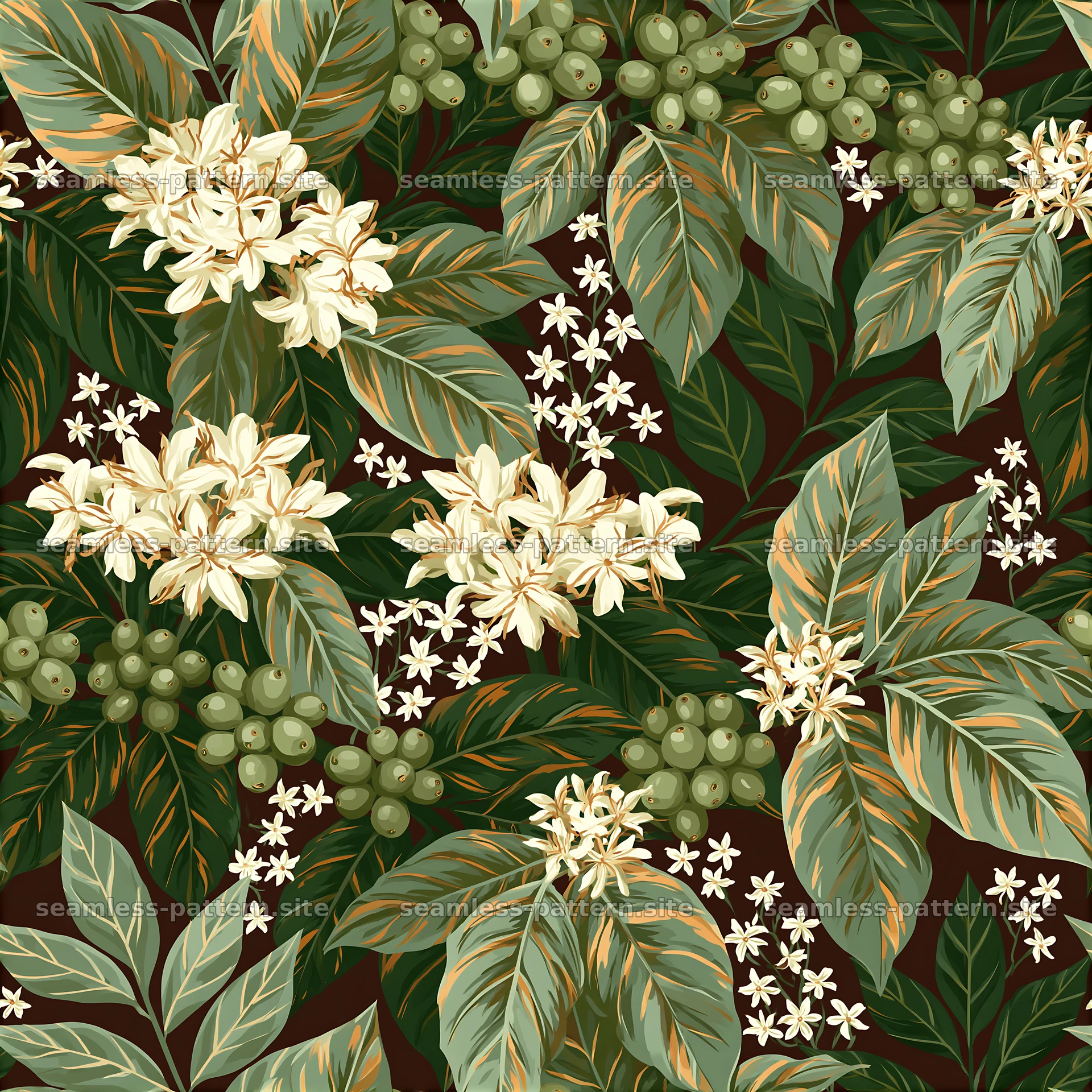 Botanical coffee branch floral seamless pattern — seamless tileable pattern at 8192x8192