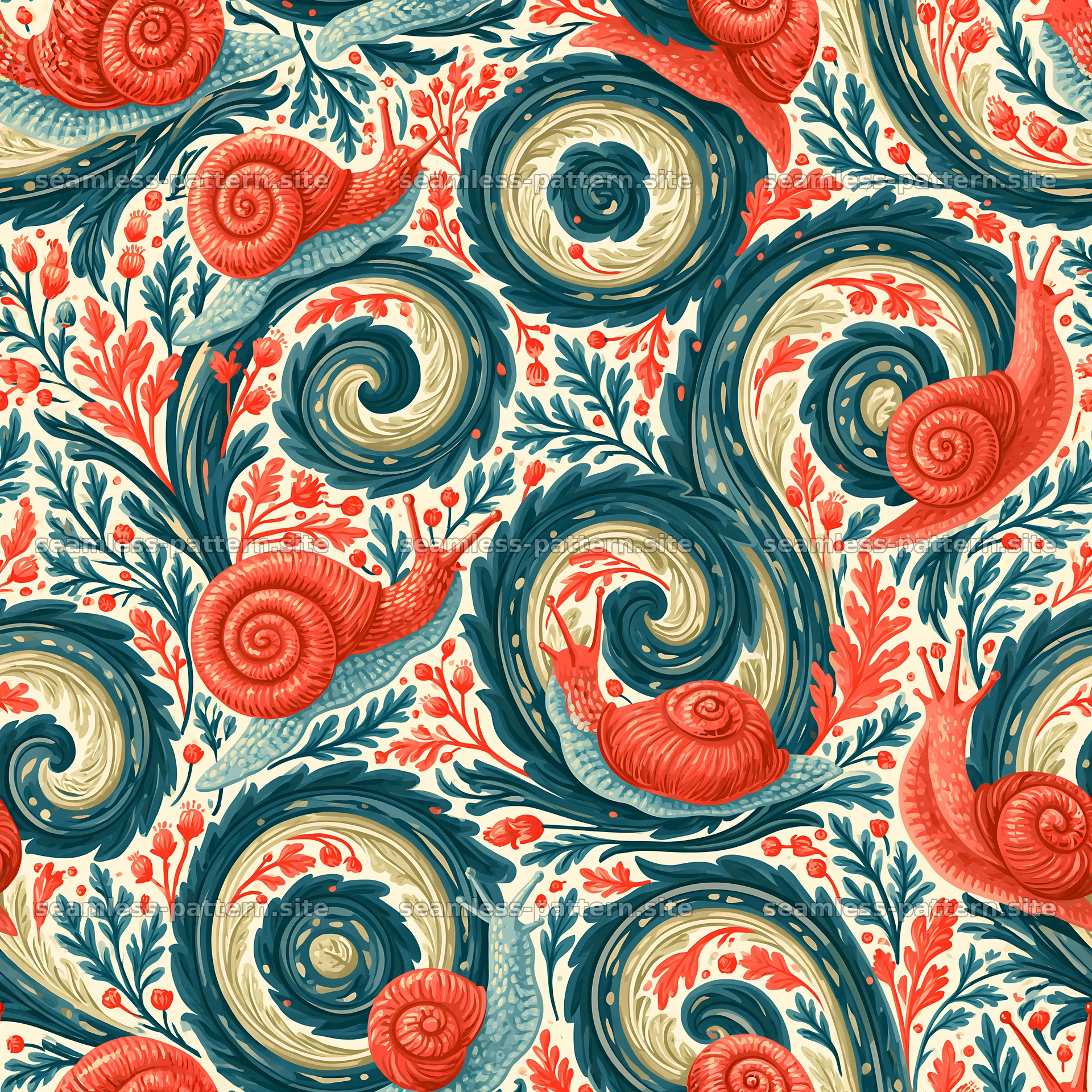 Red snail woodland seamless texture with swirling motifs — seamless tileable pattern