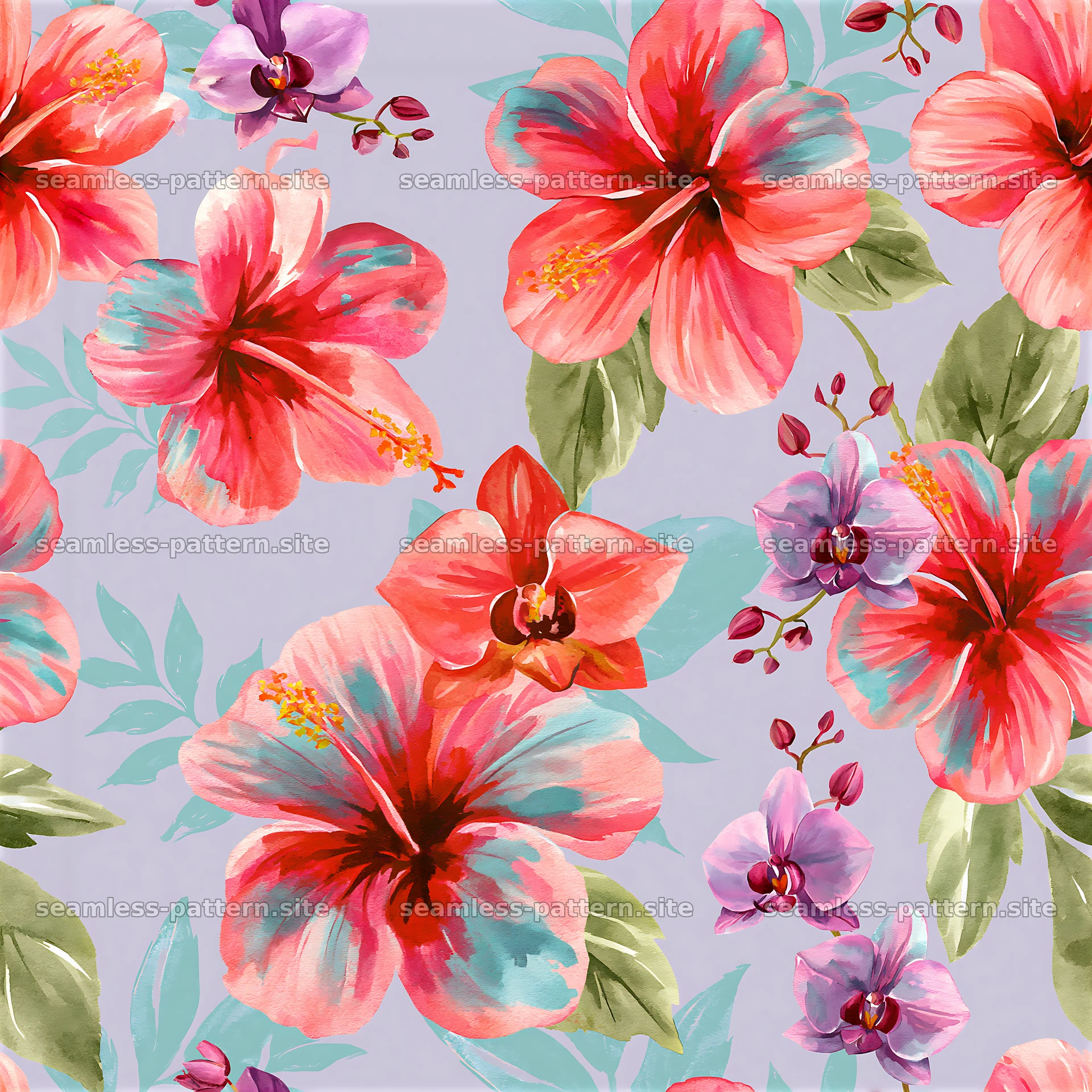 Tropical flower tileable pattern with hibiscus and orchid blooms — seamless tileable pattern at 8192x8192