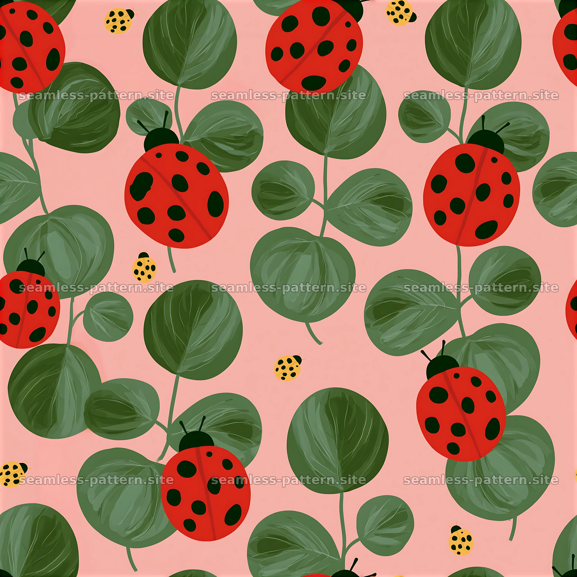 Vibrant ladybugs seamless pattern on leaves with pink background — seamless tileable pattern at 8192x8192