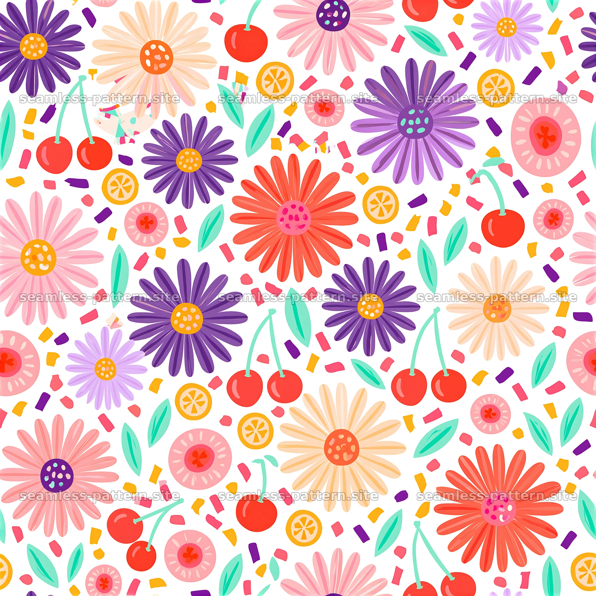 Funky Kitsch Floral and Cherry Seamless Pattern — seamless tileable pattern at 8192x8192